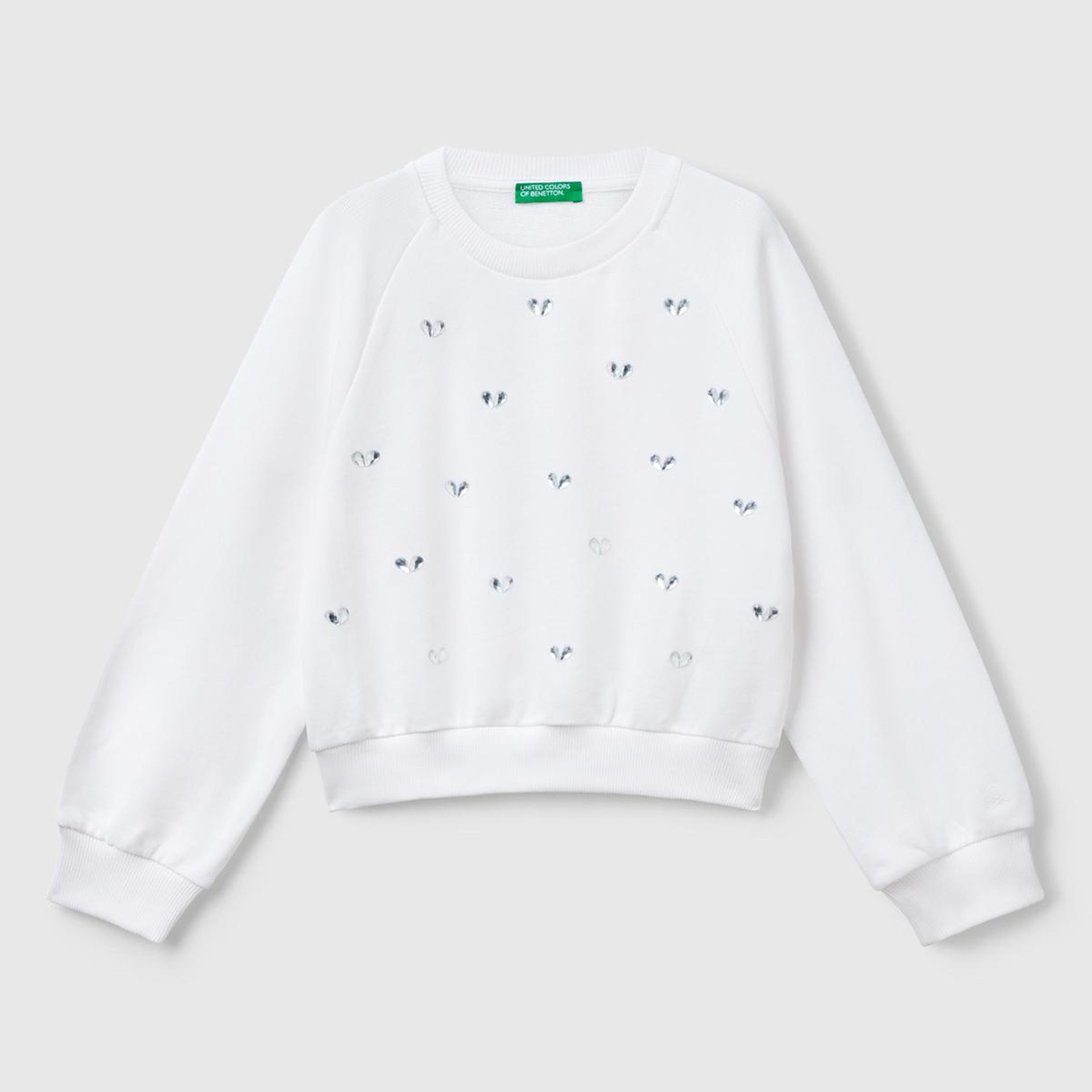 Kız Çocuk Beyaz Önü Taş Detaylı Ribanalı Bisiklet Yaka Sweatshirt