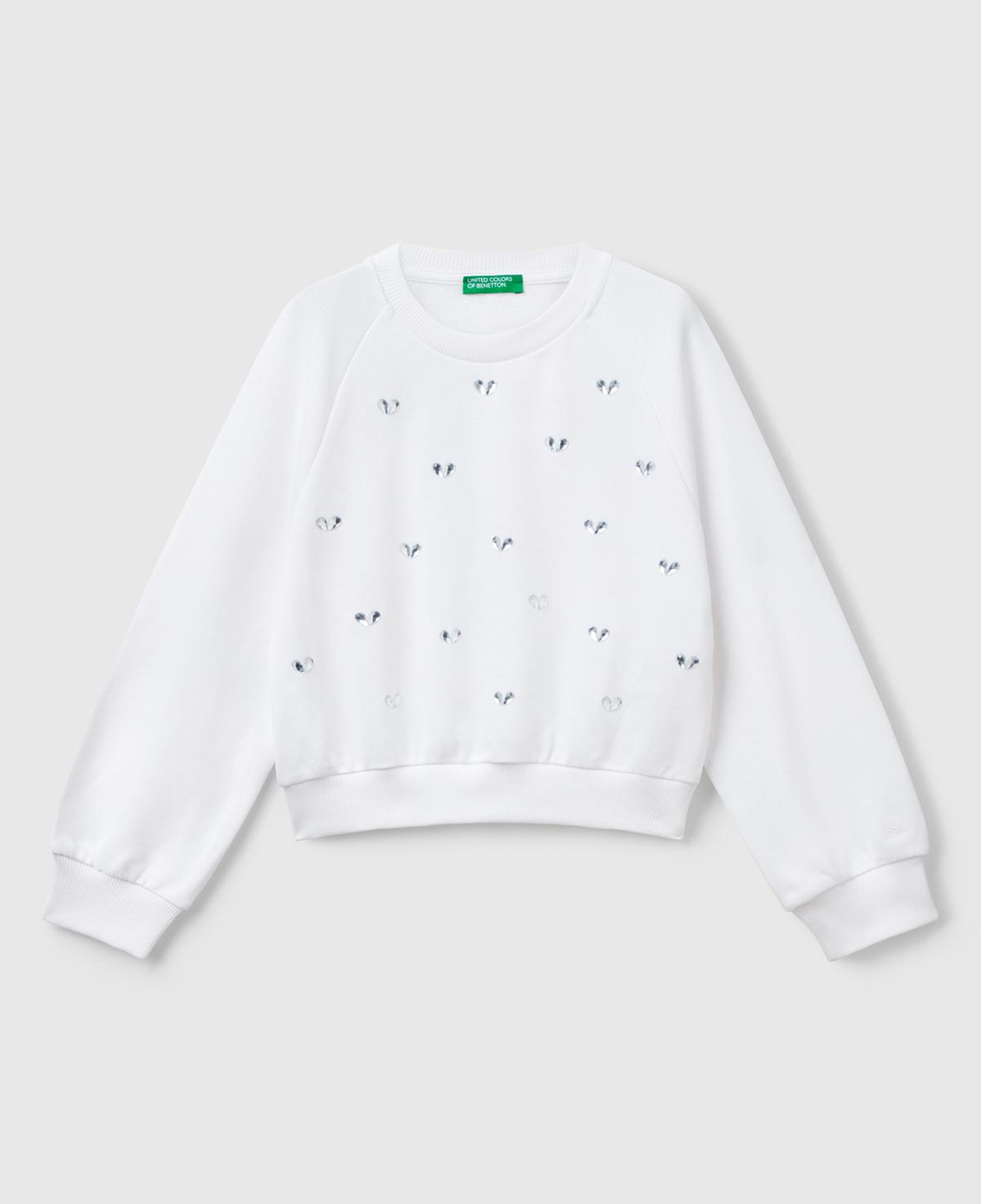 Kız Çocuk Beyaz Önü Taş Detaylı Ribanalı Bisiklet Yaka Sweatshirt