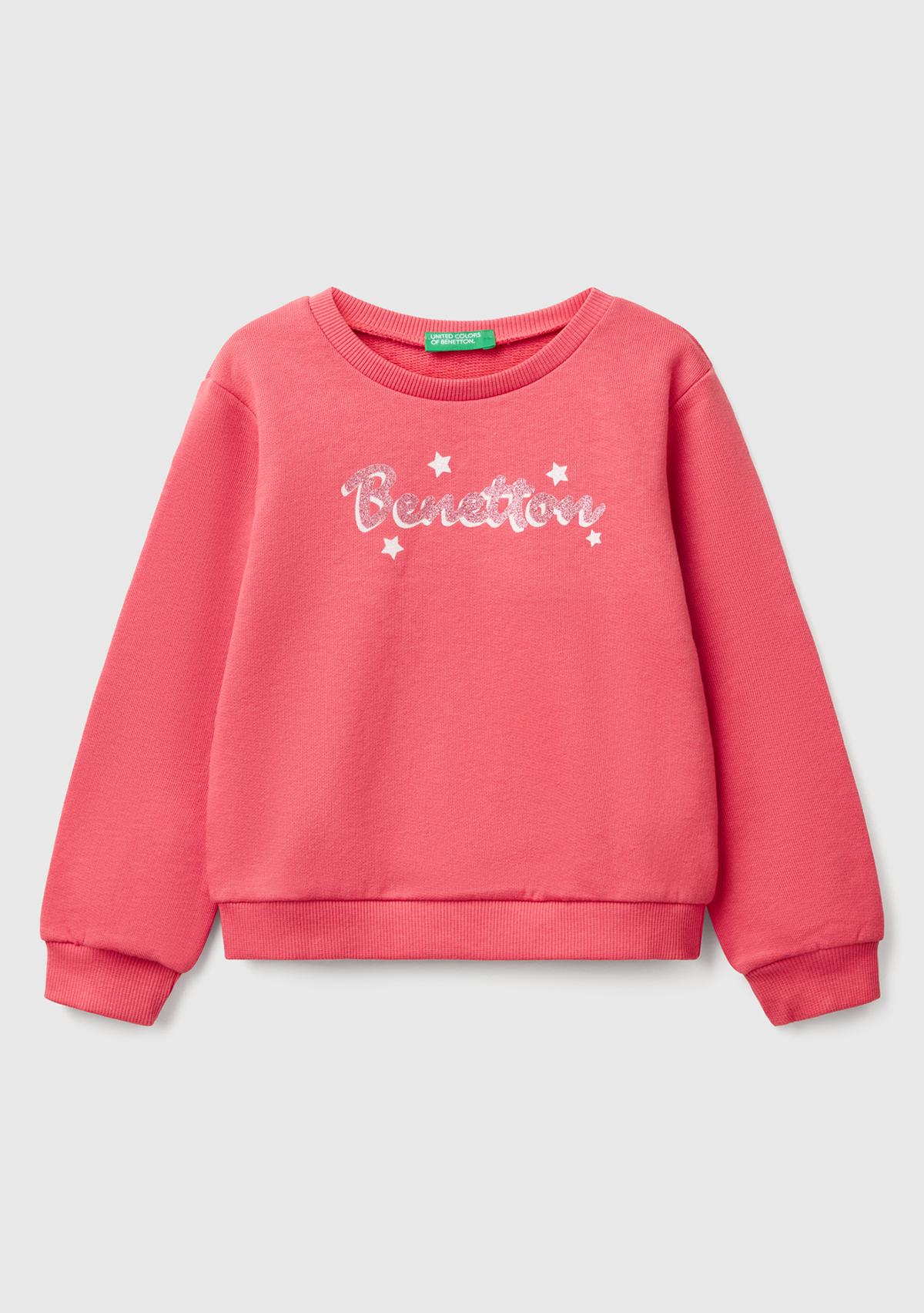 Kız Çocuk Fuşya Simli Benetton Logo Baskılı Bisiklet Yaka Sweatshirt