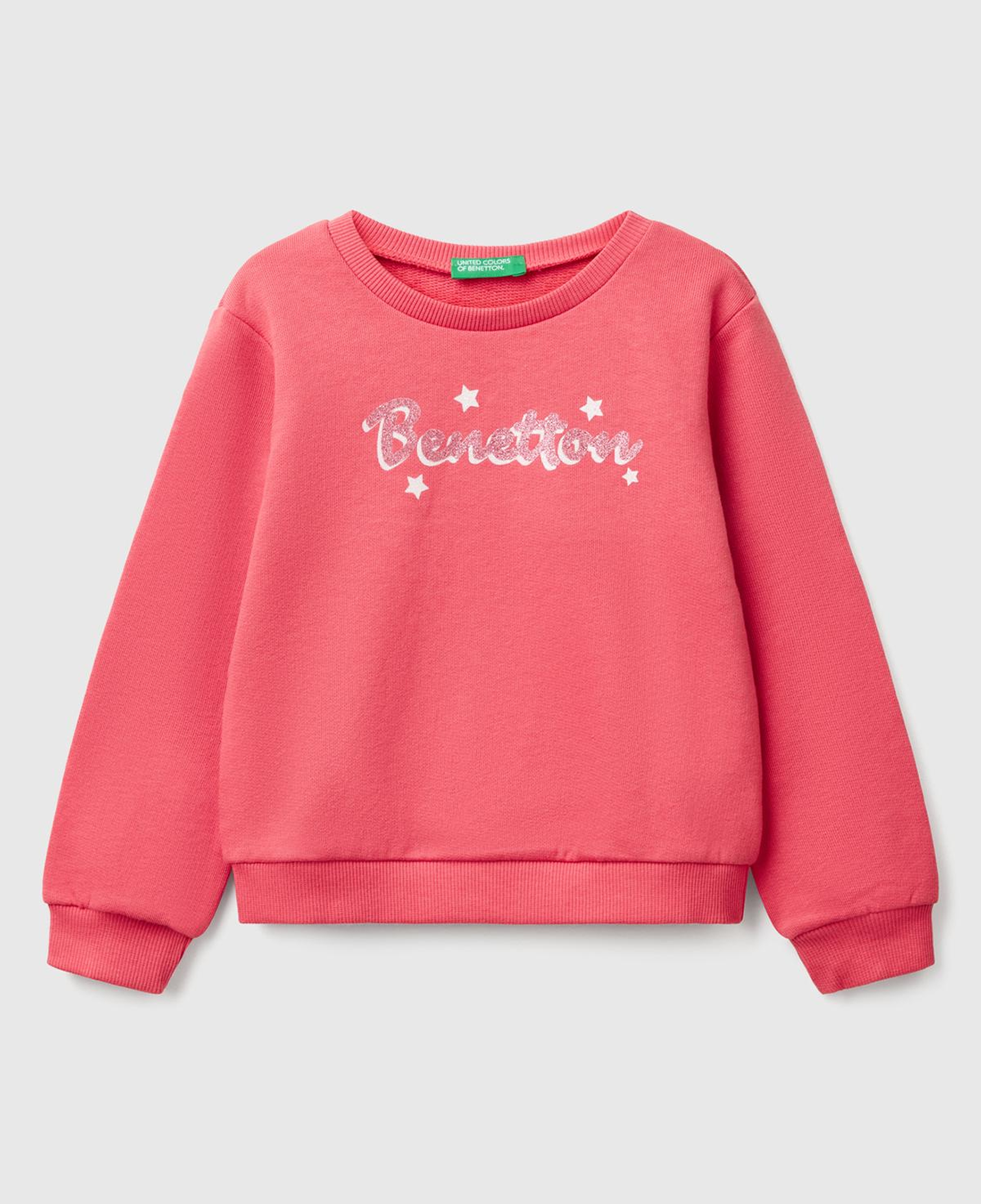Kız Çocuk Fuşya Simli Benetton Logo Baskılı Bisiklet Yaka Sweatshirt