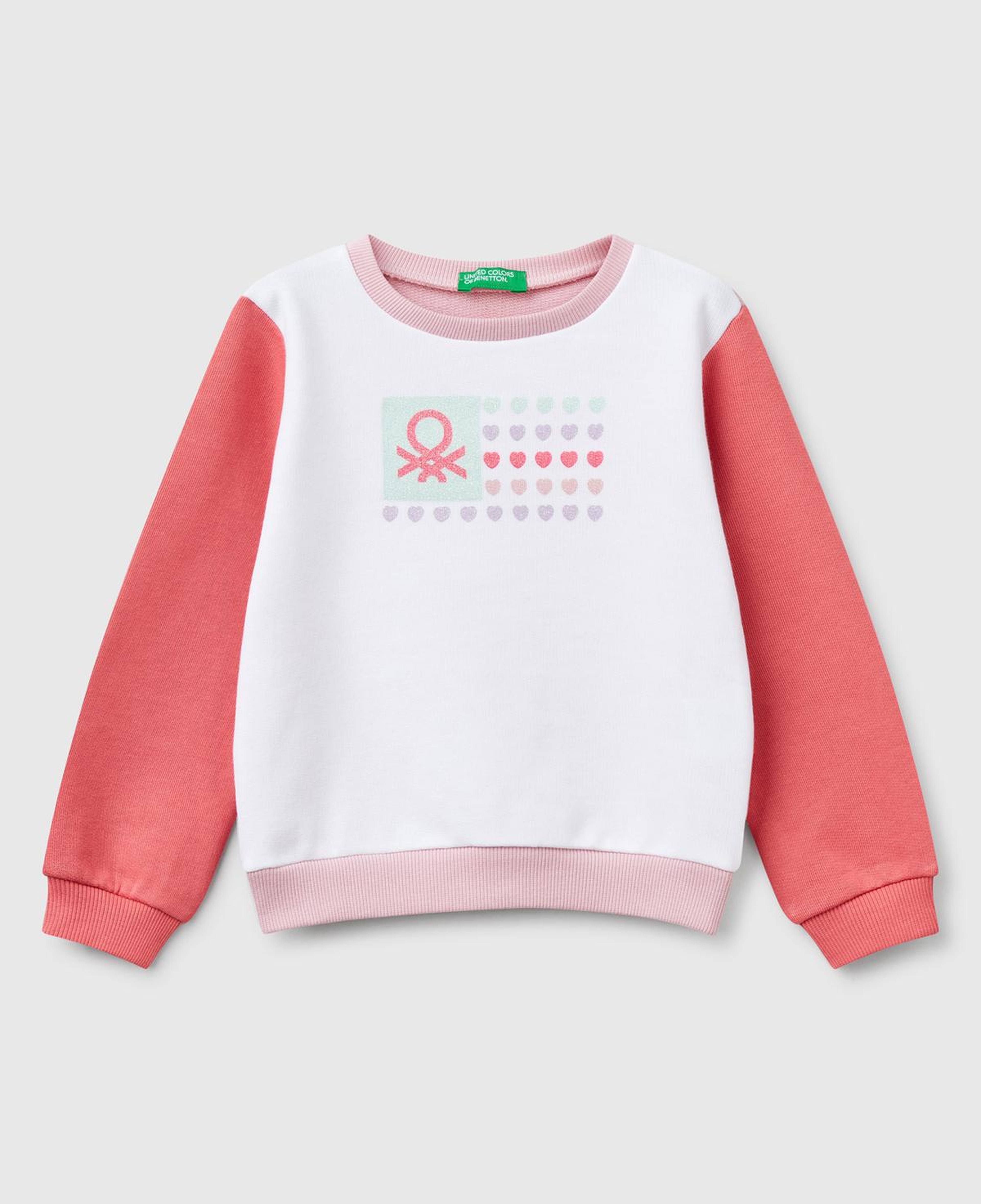 Kız Çocuk Beyaz Mix Simli Benetton Logo Baskılı Bisiklet Yaka Sweatshirt