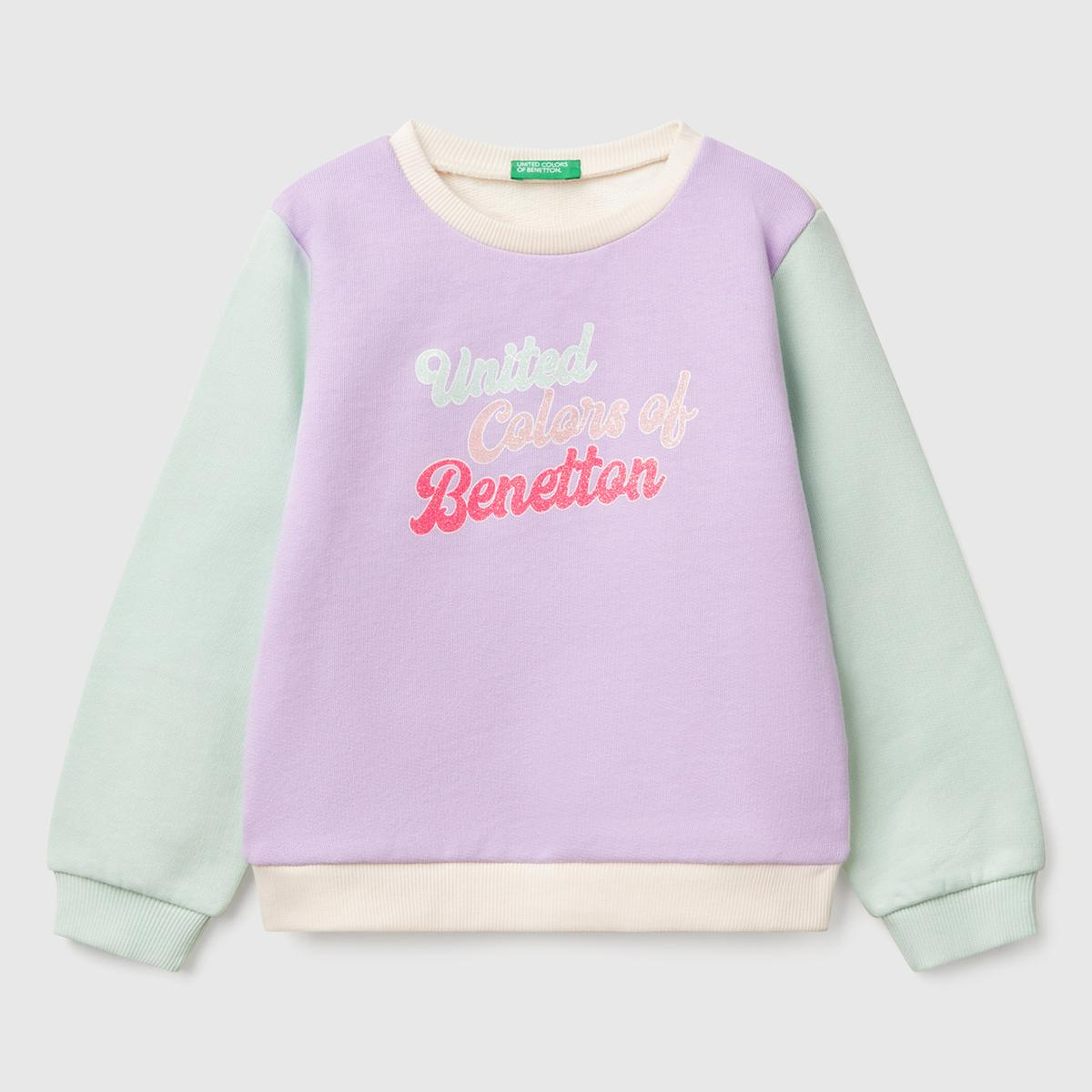 Kız Çocuk Lila Mix Simli Benetton Logo Baskılı Bisiklet Yaka Sweatshirt