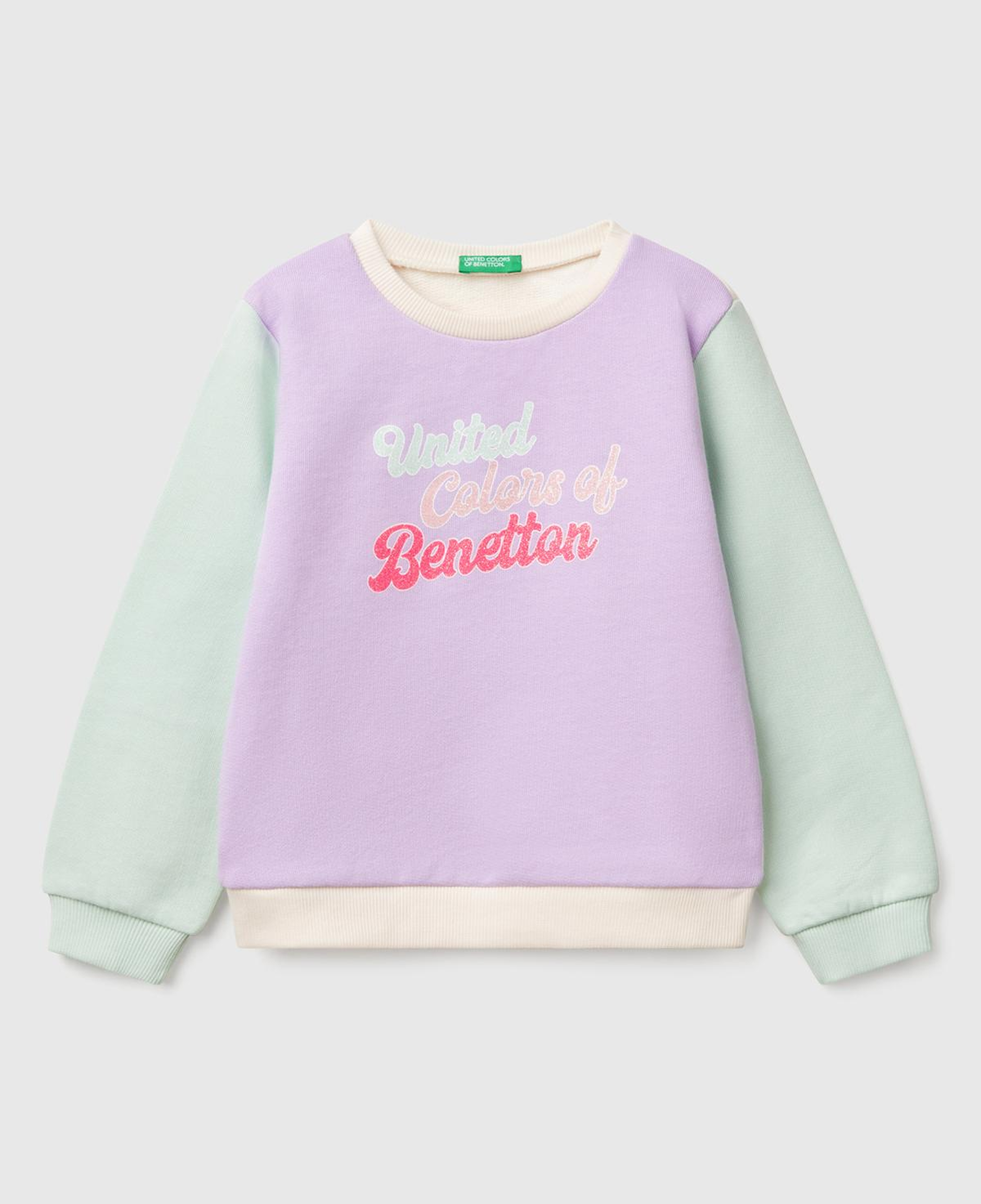 Kız Çocuk Lila Mix Simli Benetton Logo Baskılı Bisiklet Yaka Sweatshirt