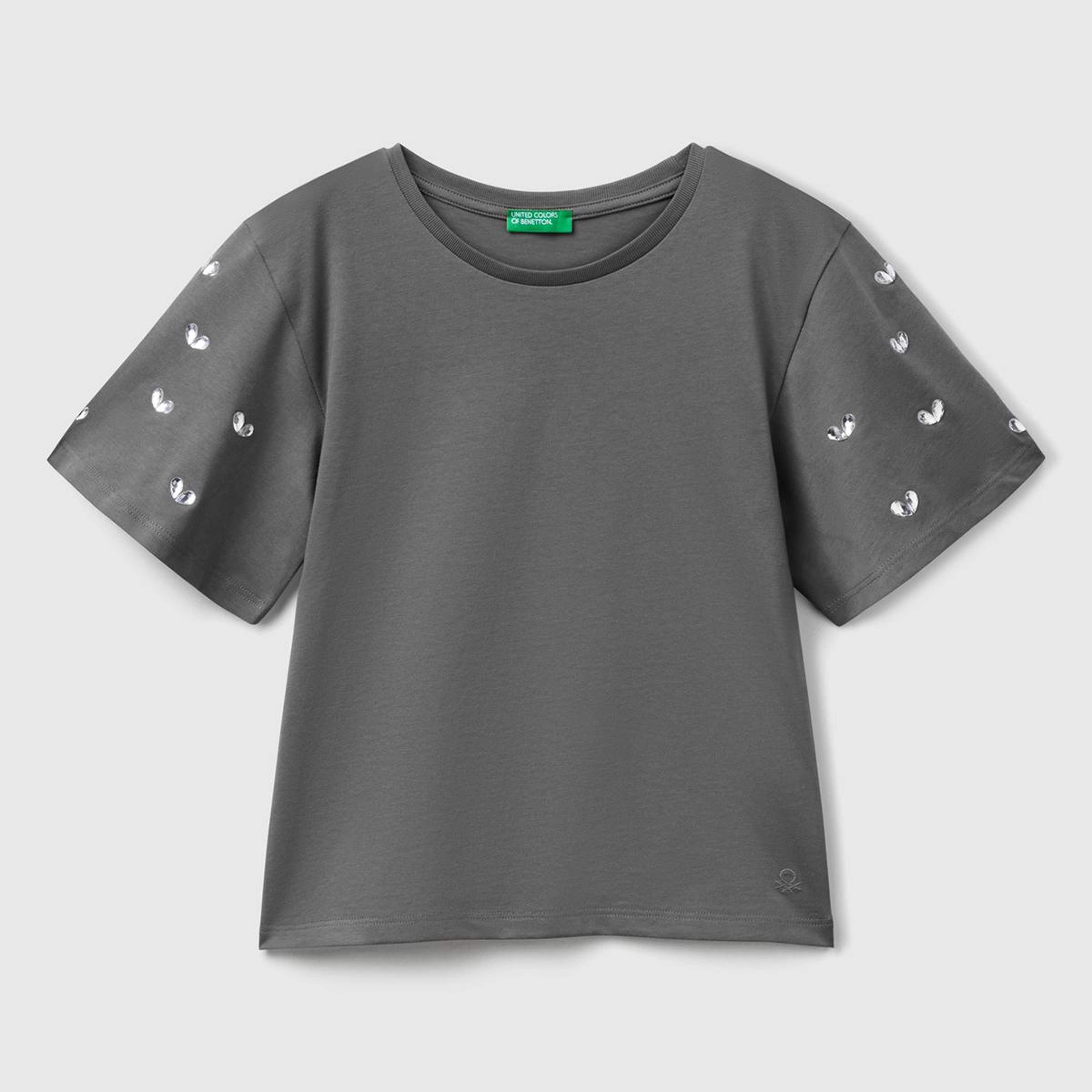 Kız Çocuk Antrasit Kolları Taş Detaylı Ribana Yakalı T-Shirt