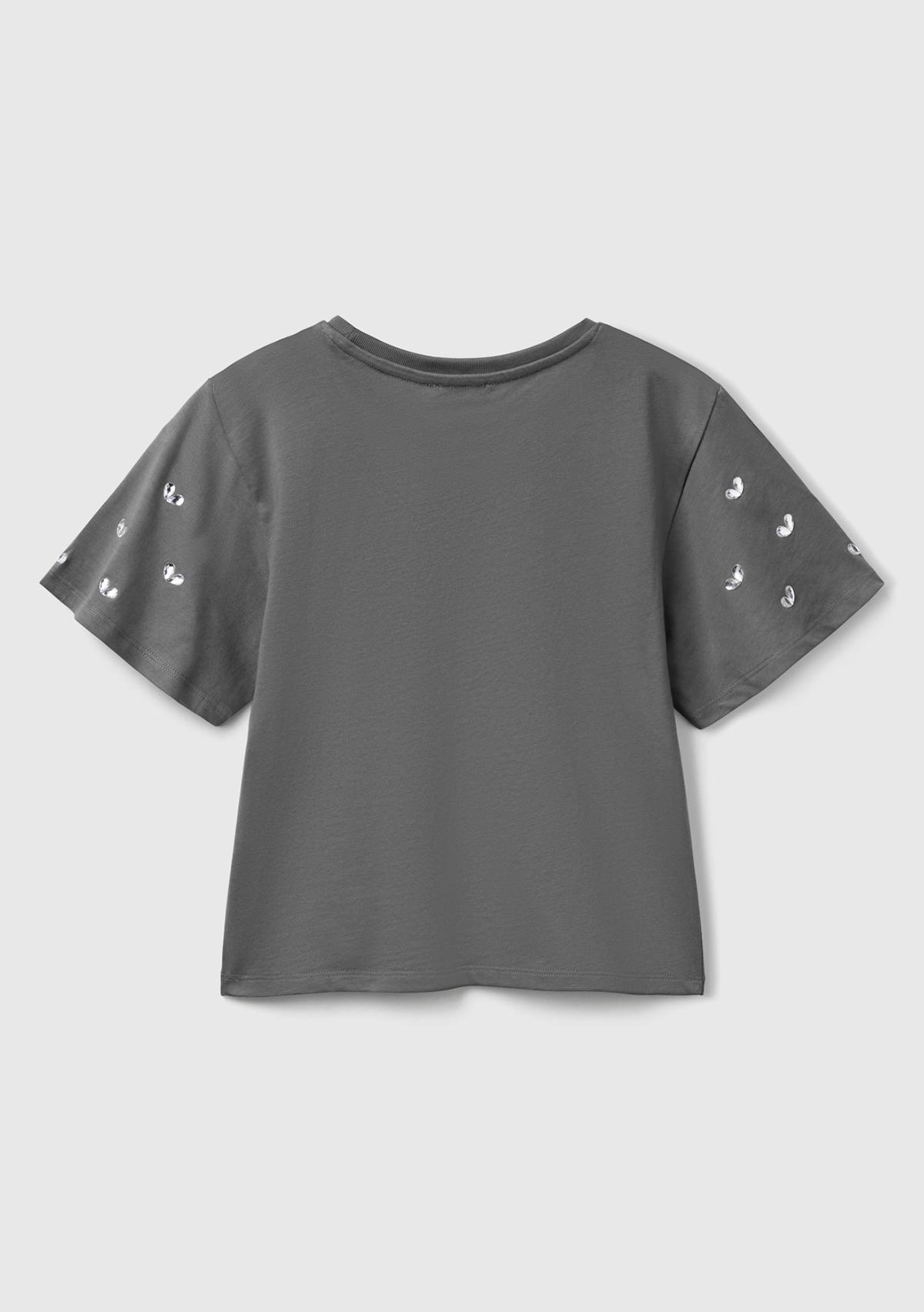 Kız Çocuk Antrasit Kolları Taş Detaylı Ribana Yakalı T-Shirt