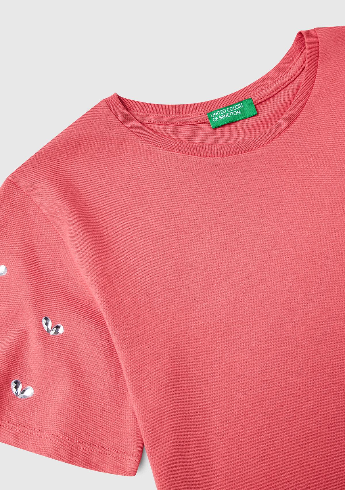 Kız Çocuk Fuşya Kolları Taş Detaylı Ribana Yakalı T-Shirt