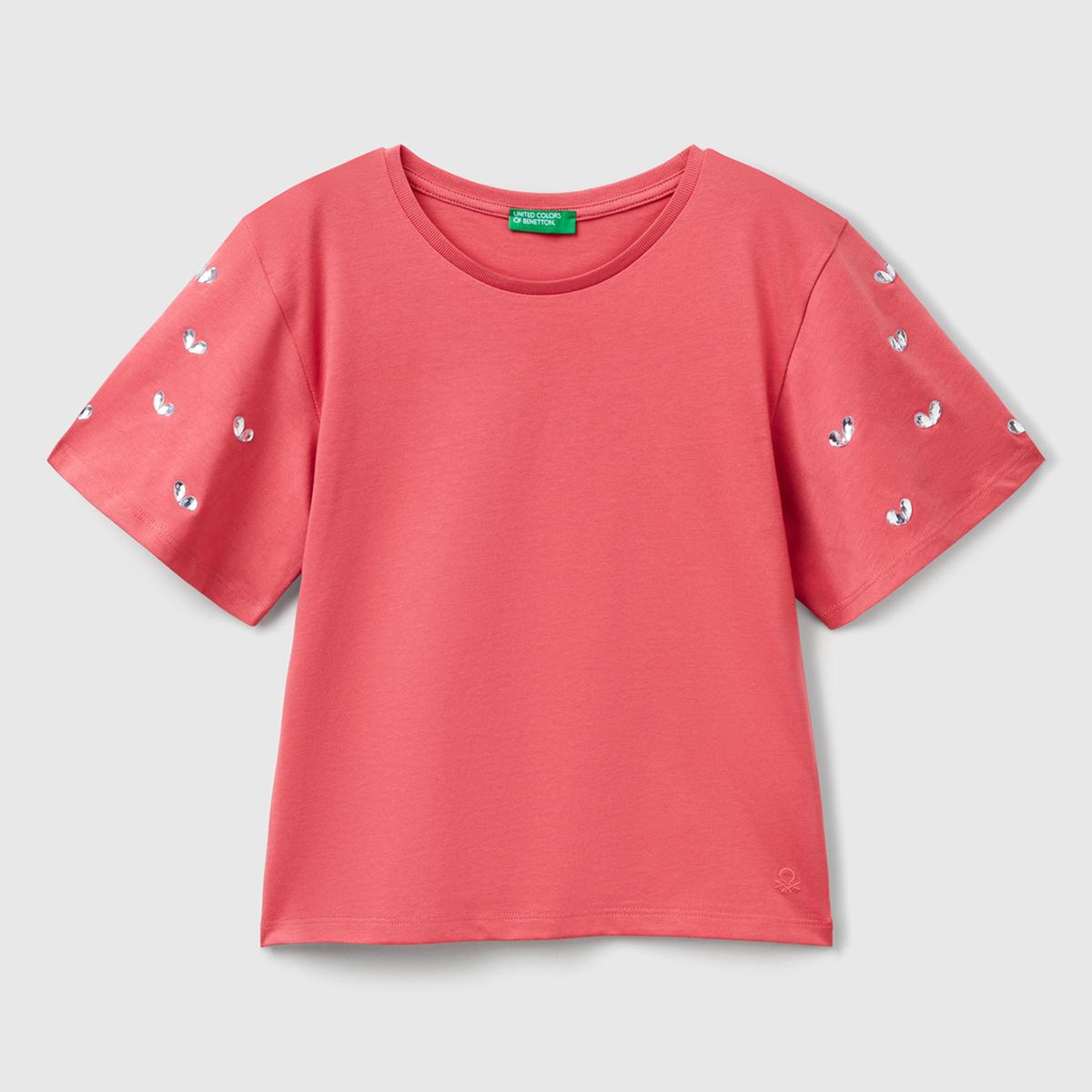 Kız Çocuk Fuşya Kolları Taş Detaylı Ribana Yakalı T-Shirt