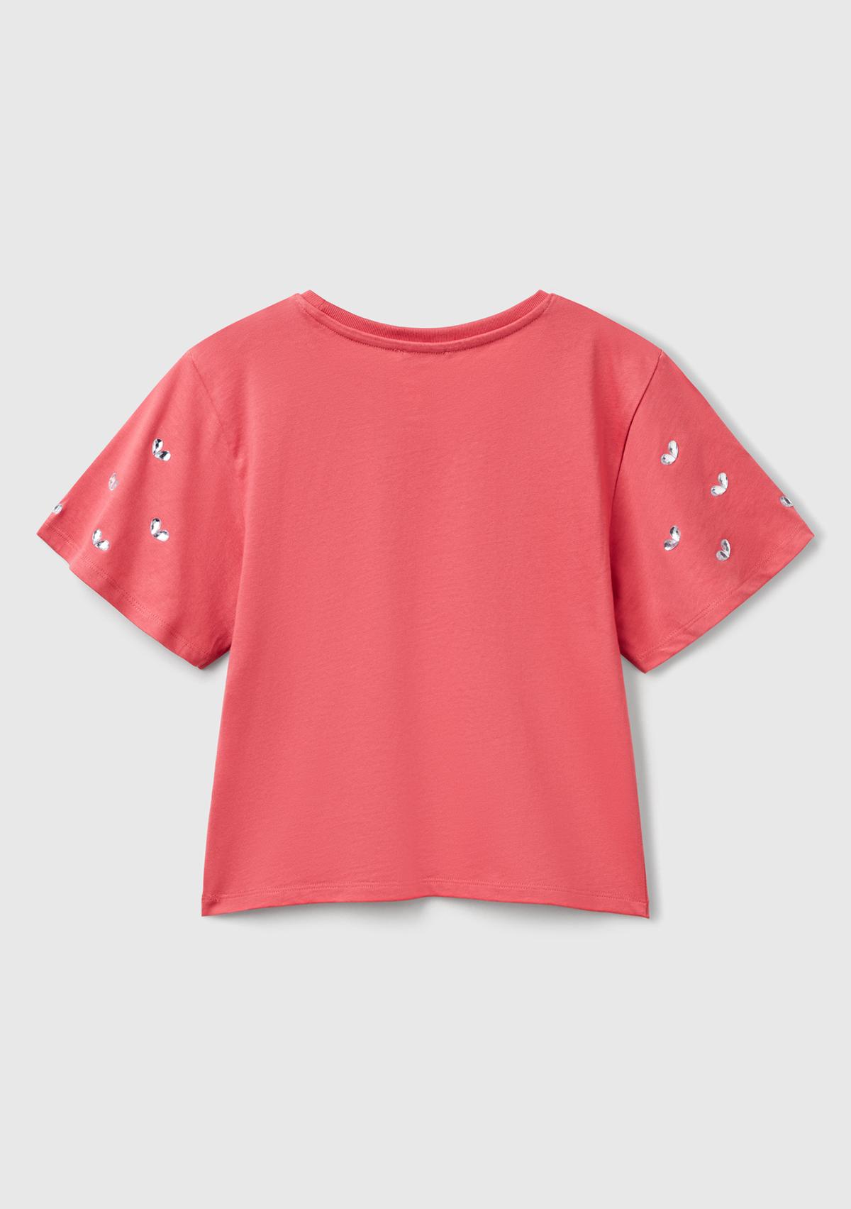Kız Çocuk Fuşya Kolları Taş Detaylı Ribana Yakalı T-Shirt