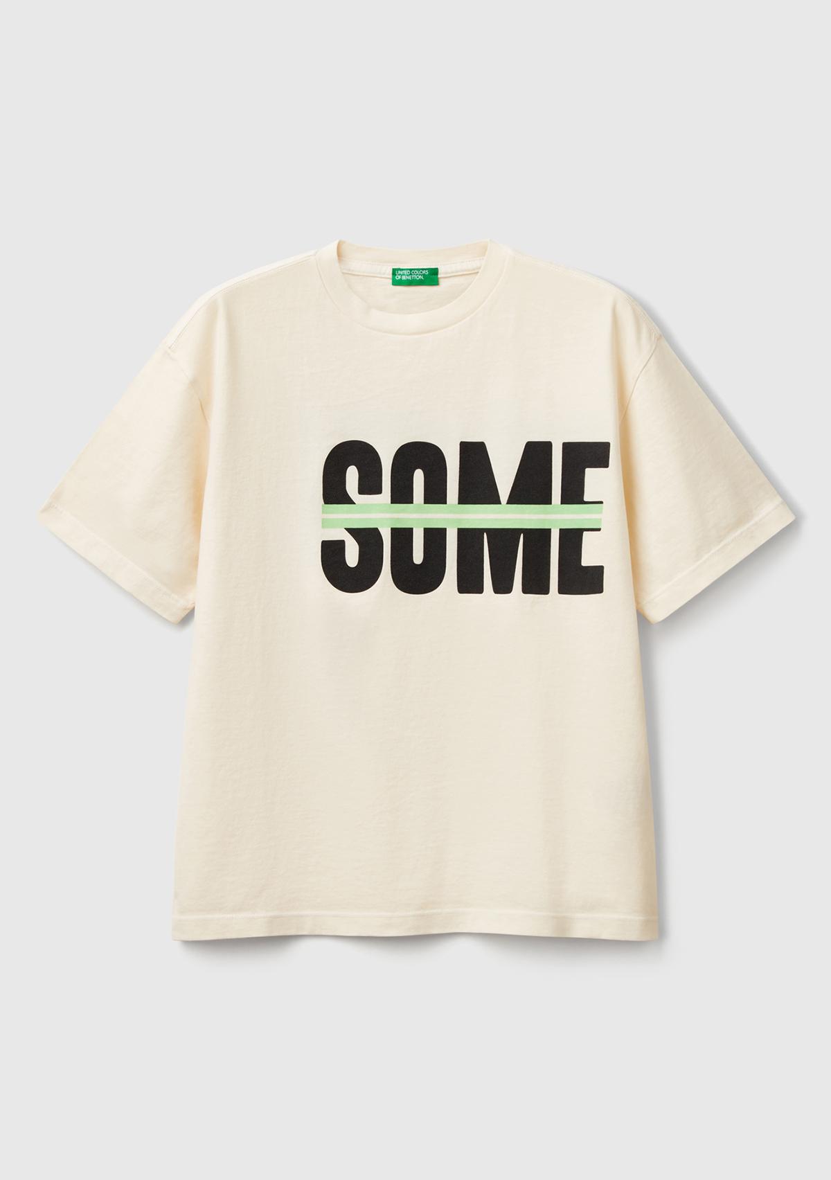 Erkek Çocuk Ekru Slogan Baskılı Soluk Efektli T-Shirt