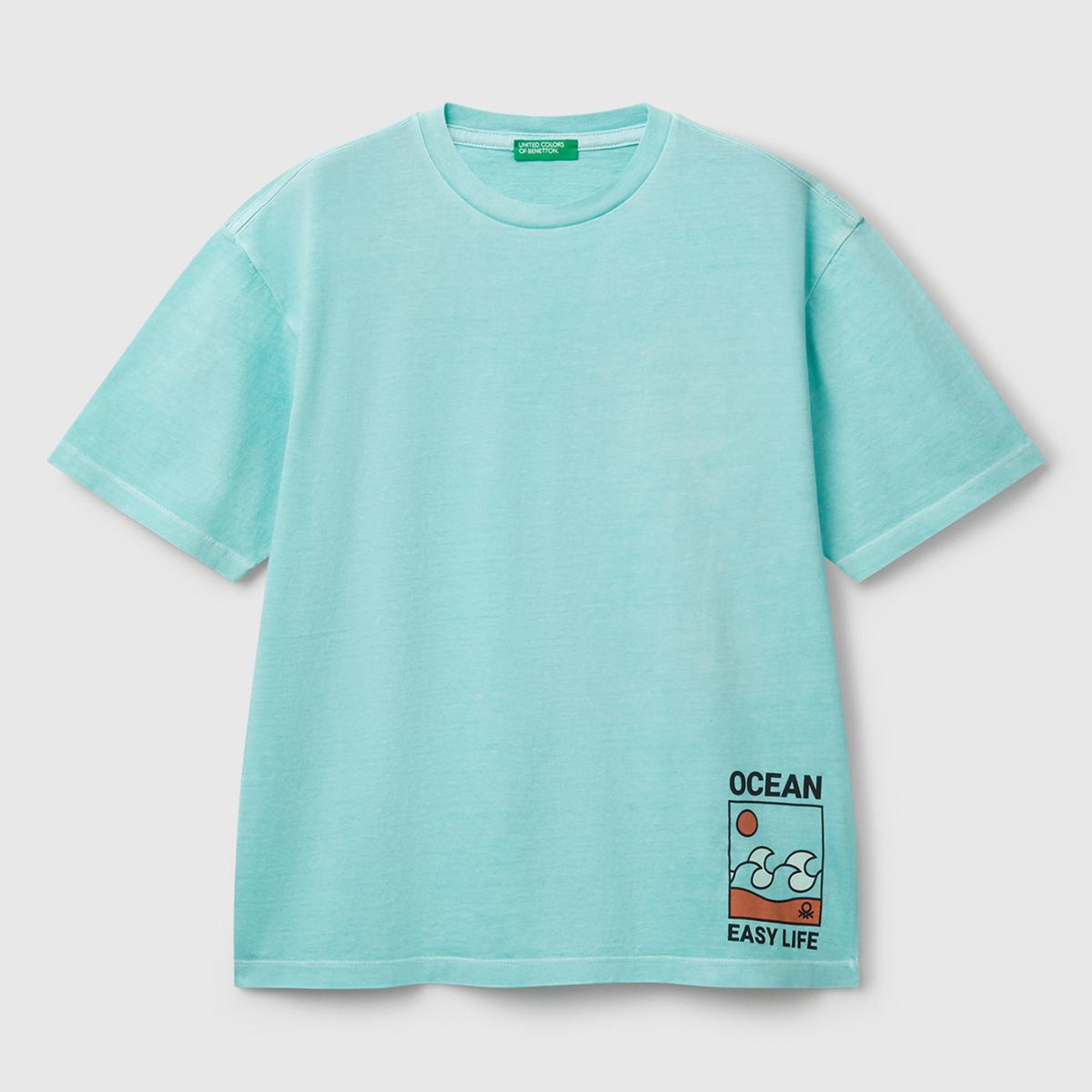 Erkek Çocuk Turkuaz Slogan Baskılı Soluk Efektli T-Shirt