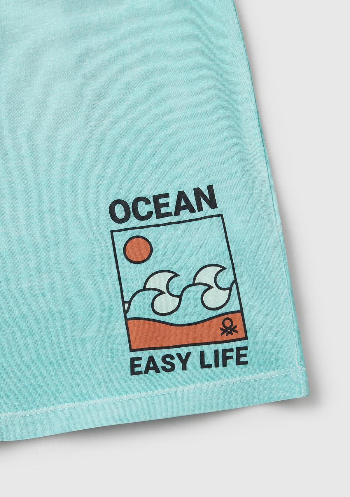 Erkek Çocuk Turkuaz Slogan Baskılı Soluk Efektli T-Shirt