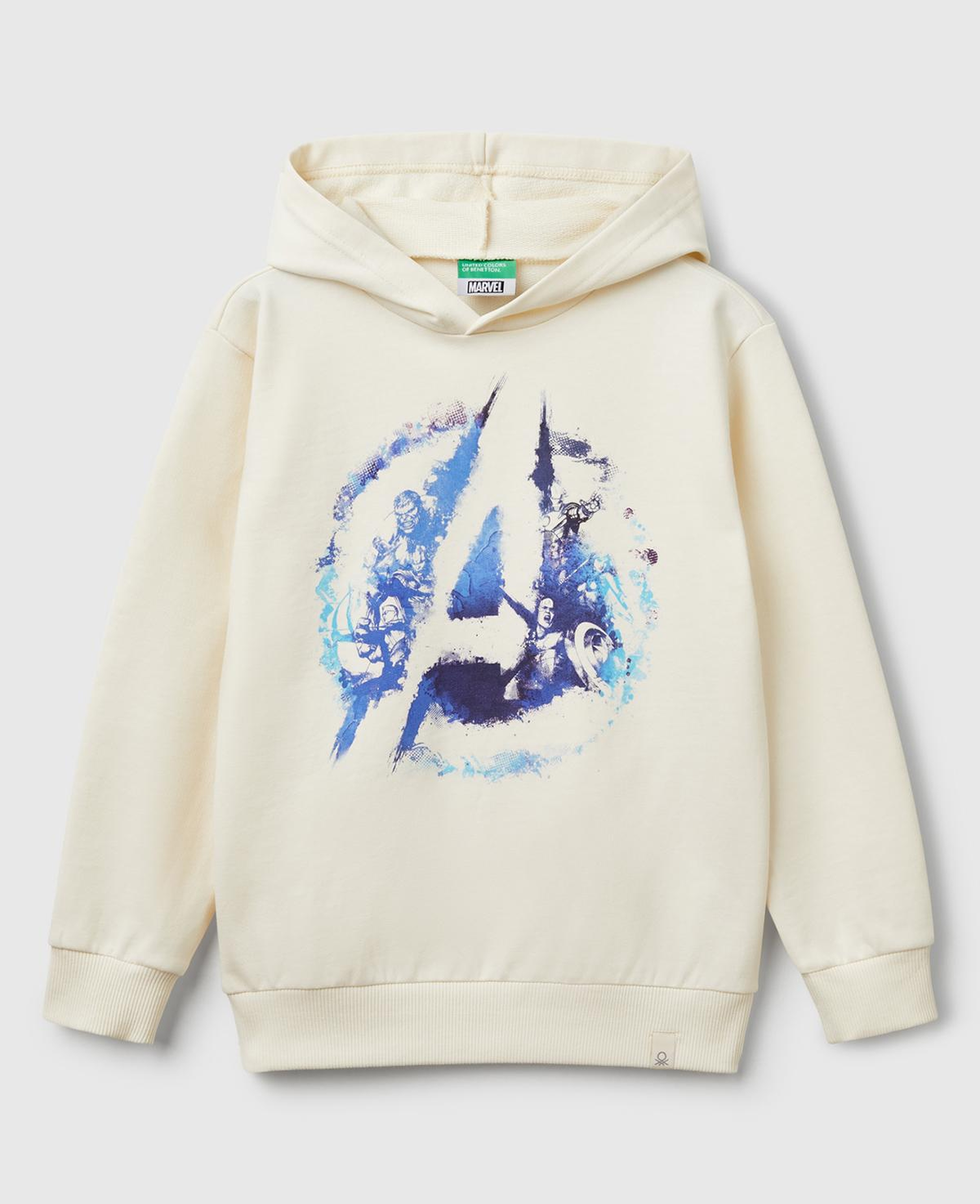 Erkek Çocuk Ekru Marvel Kahraman Baskılı Etiket Logolu Kapüşonlu Sweatshirt