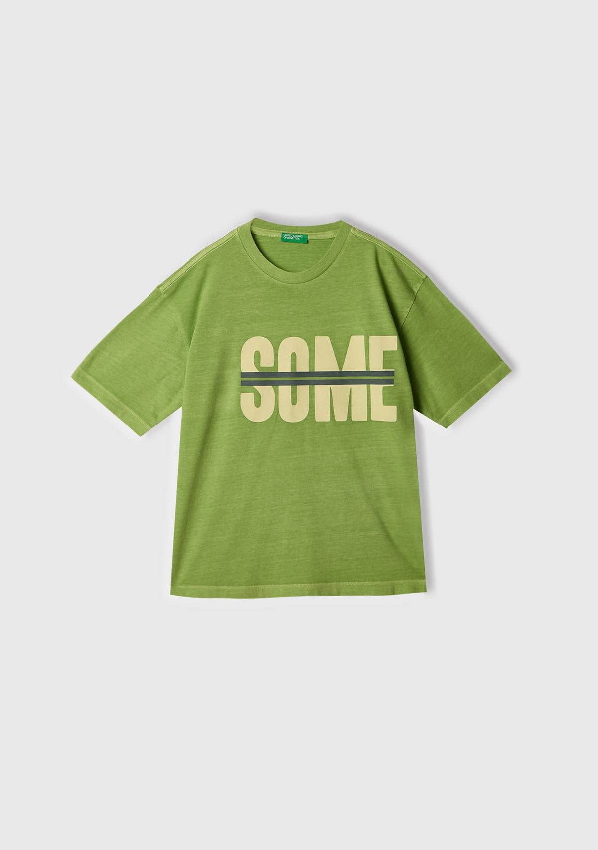 Erkek Çocuk Fıstık Yeşili Slogan Baskılı Soluk Efektli T-Shirt