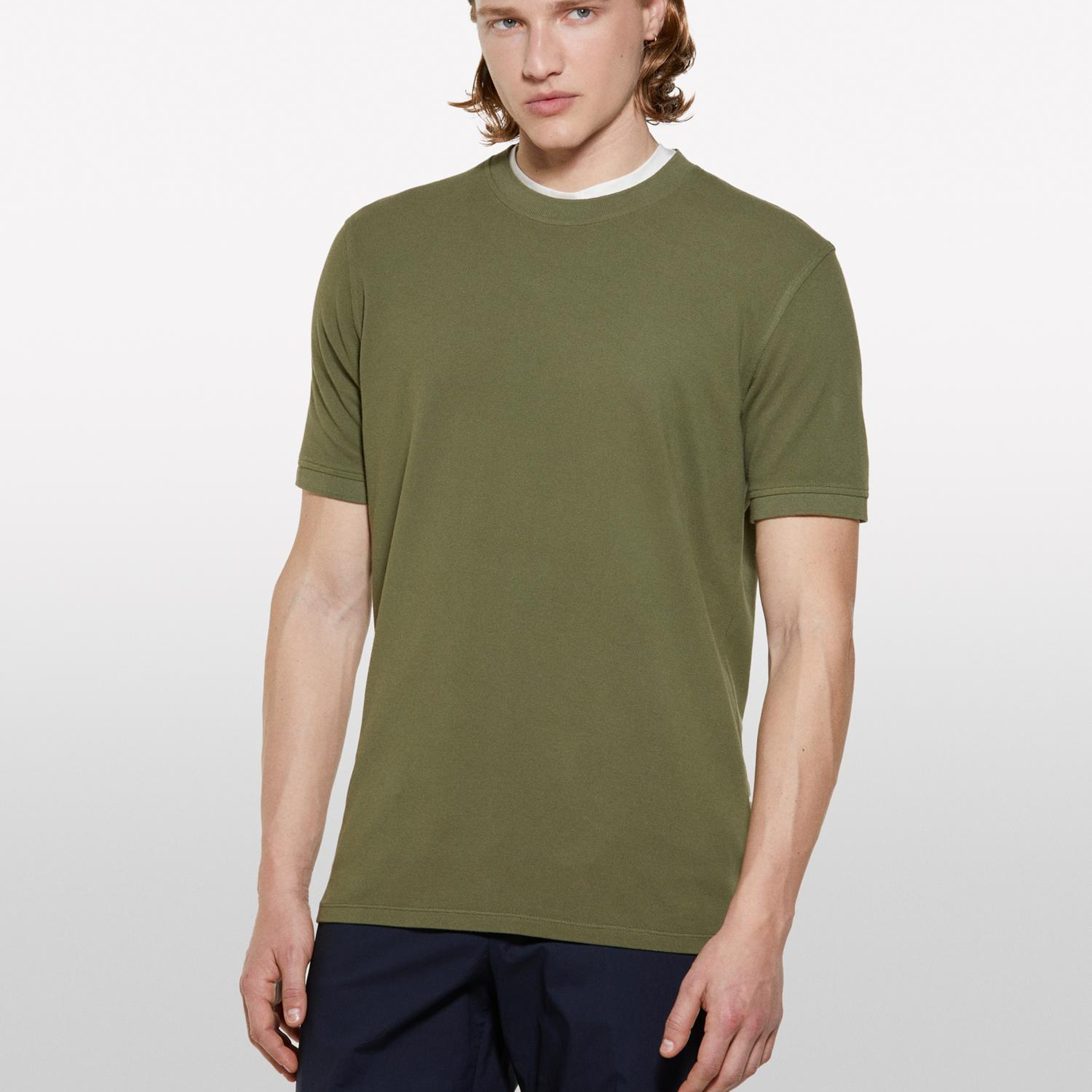 Erkek Asker Yeşili %100 Pamuk Bisiklet Yaka Regular Fit T-Shirt