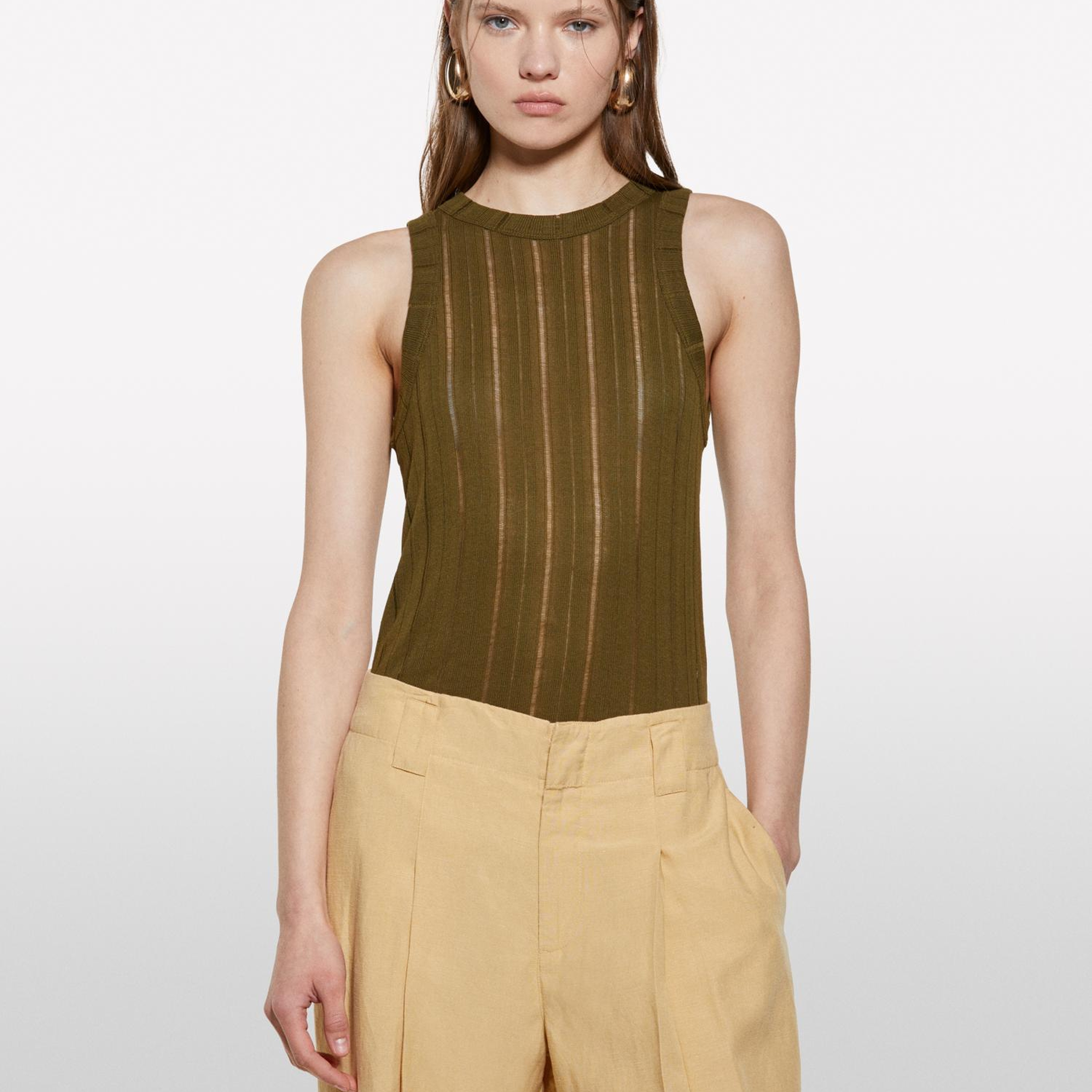 Kadın Koyu Haki Viskoz Karışımlı Halter Yaka Slim Fit Atlet