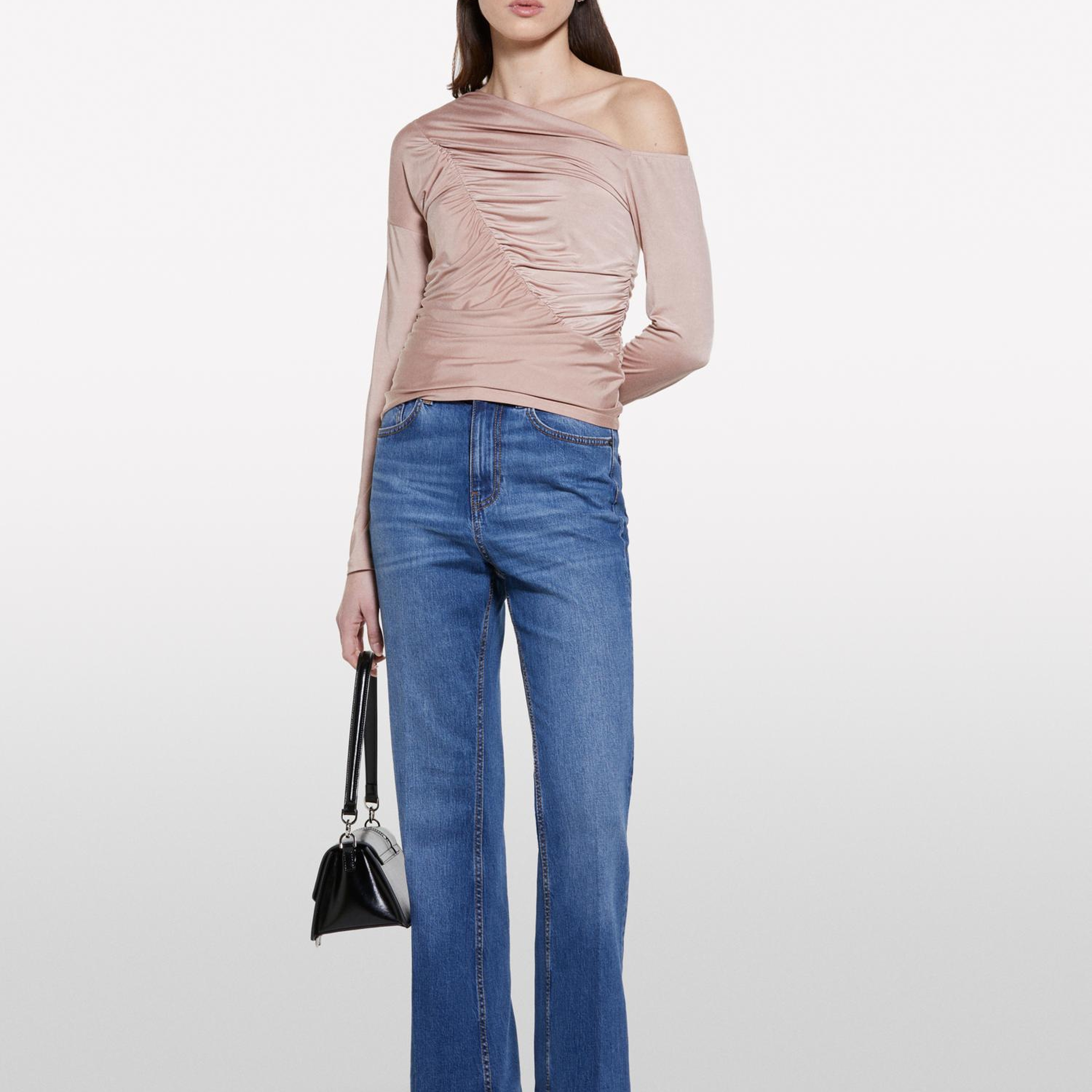 Kadın Sütlü Kahve Streç Kumaş Dikiş Detaylı Slim Fit Bluz