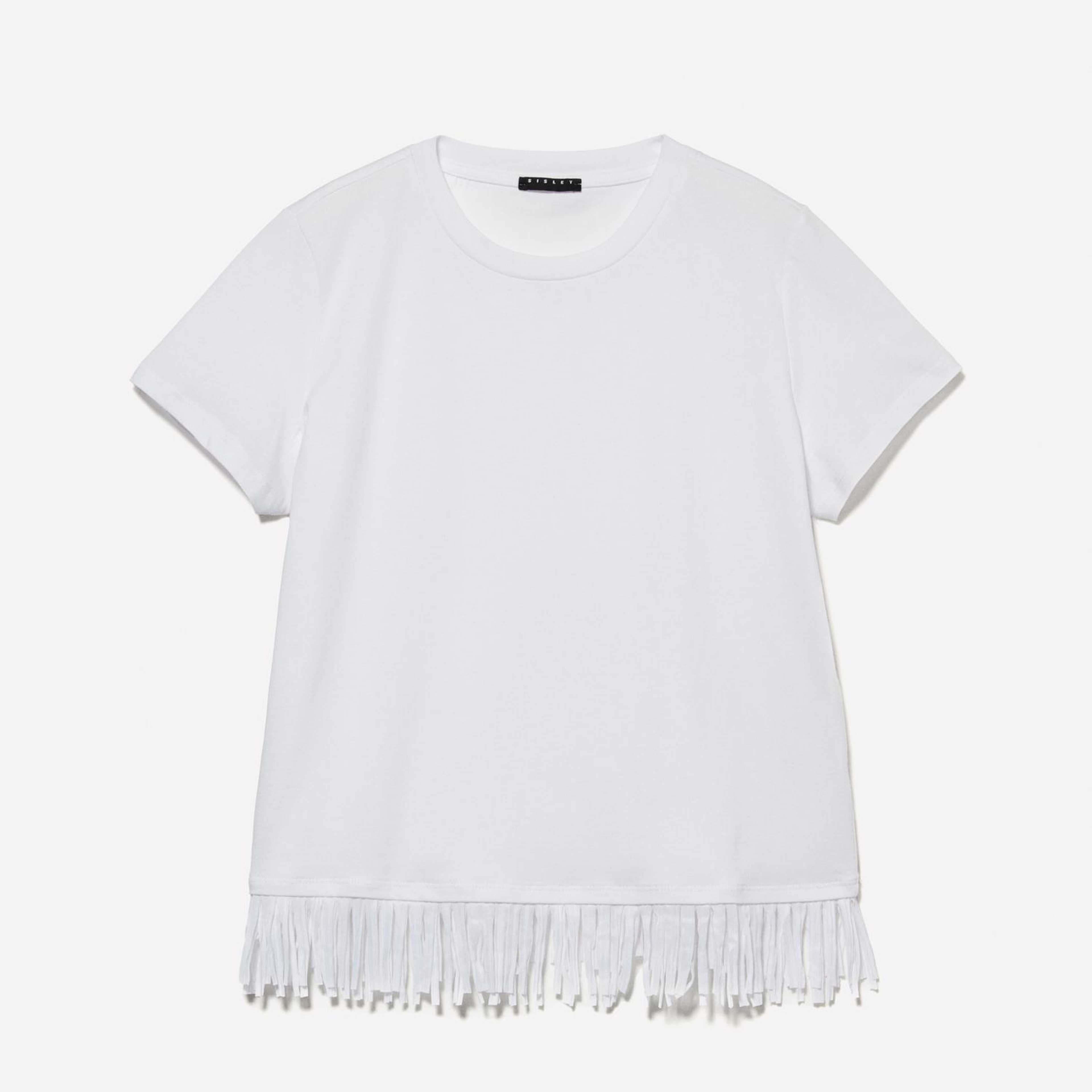 Kadın Beyaz Pamuklu Ucu Püsküllü Bisiklet Yaka Regular Fit T-Shirt