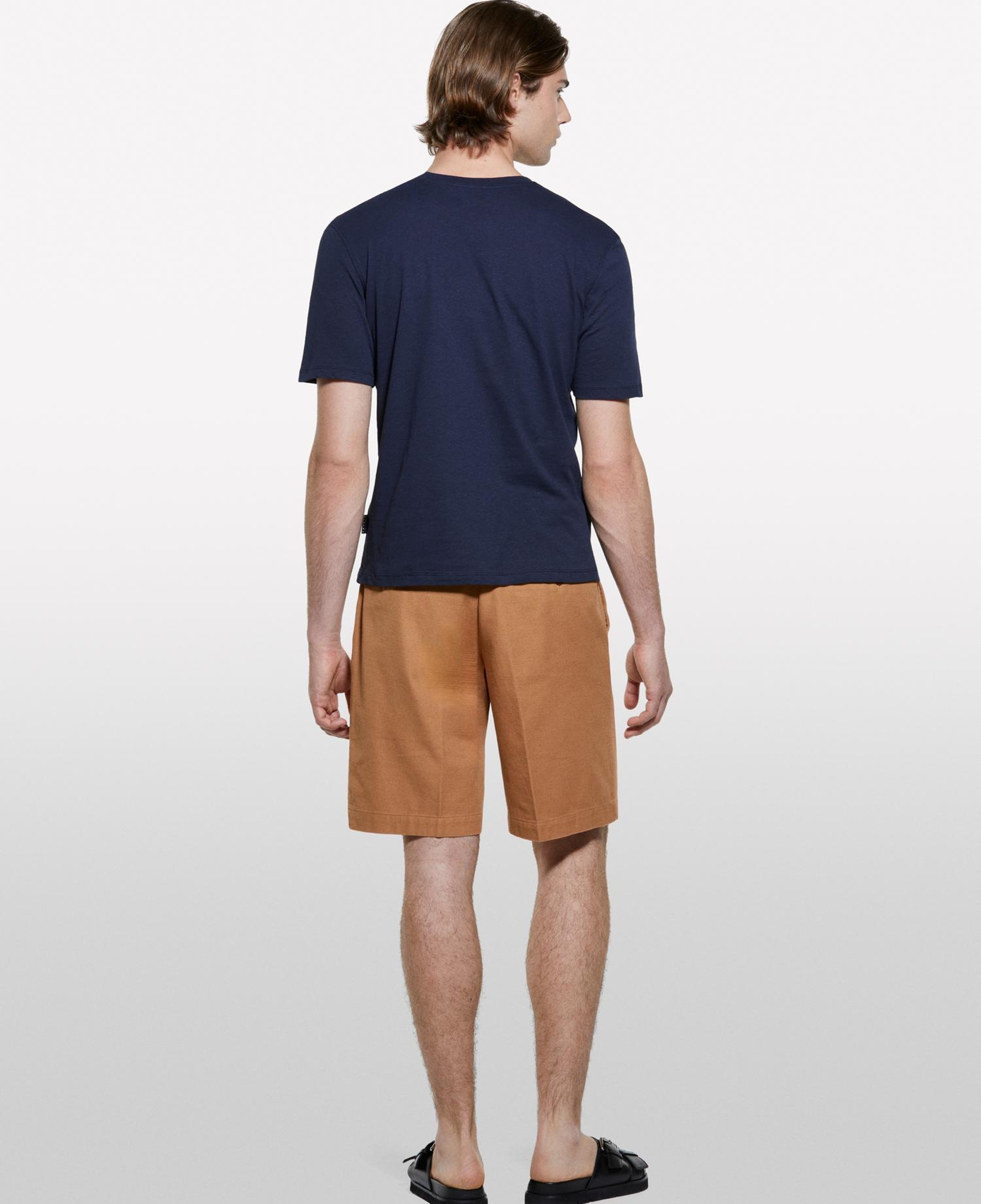 Erkek Koyu Lacivert Keten Karışımlı Bisiklet Yaka Regular Fit T-Shirt
