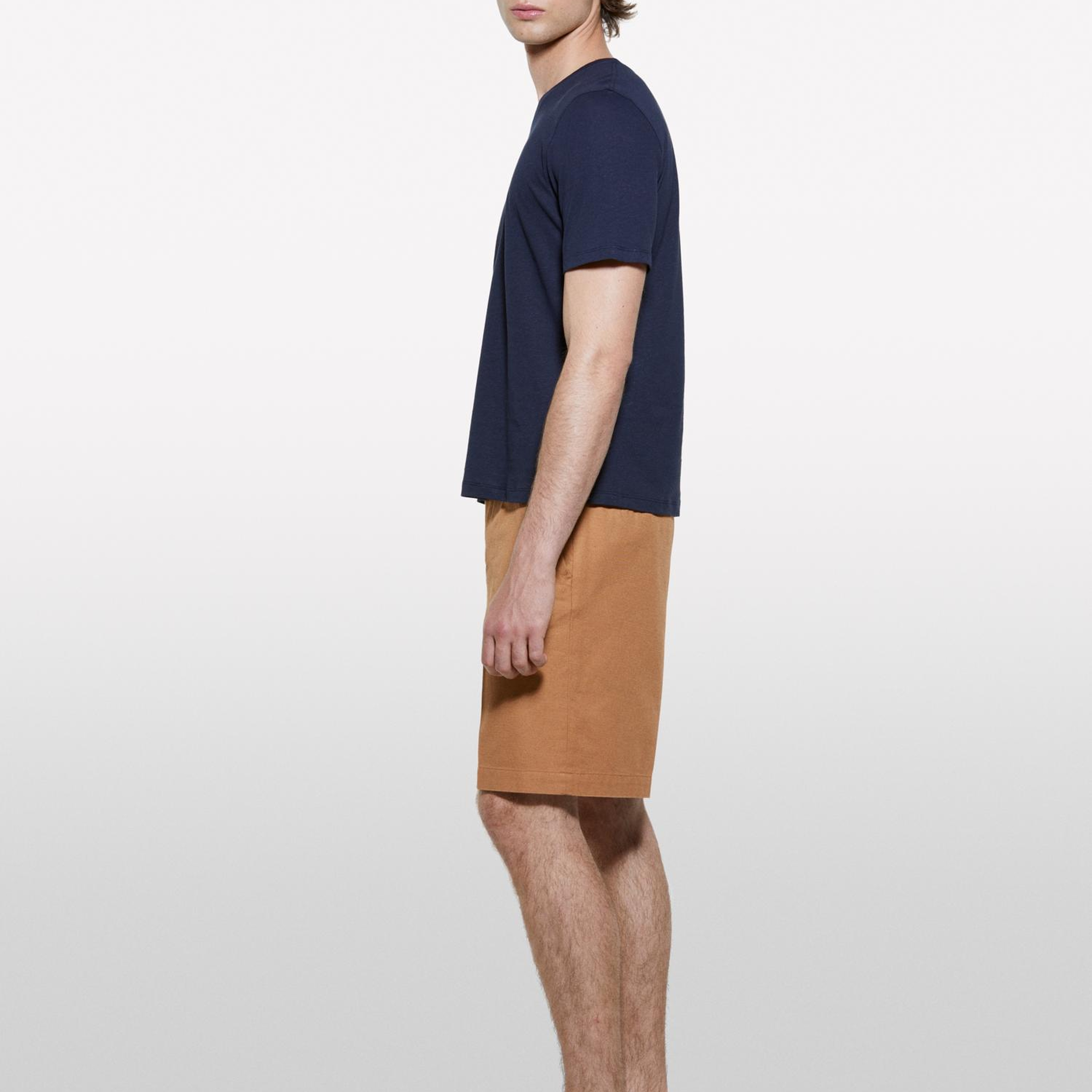 Erkek Koyu Lacivert Keten Karışımlı Bisiklet Yaka Regular Fit T-Shirt