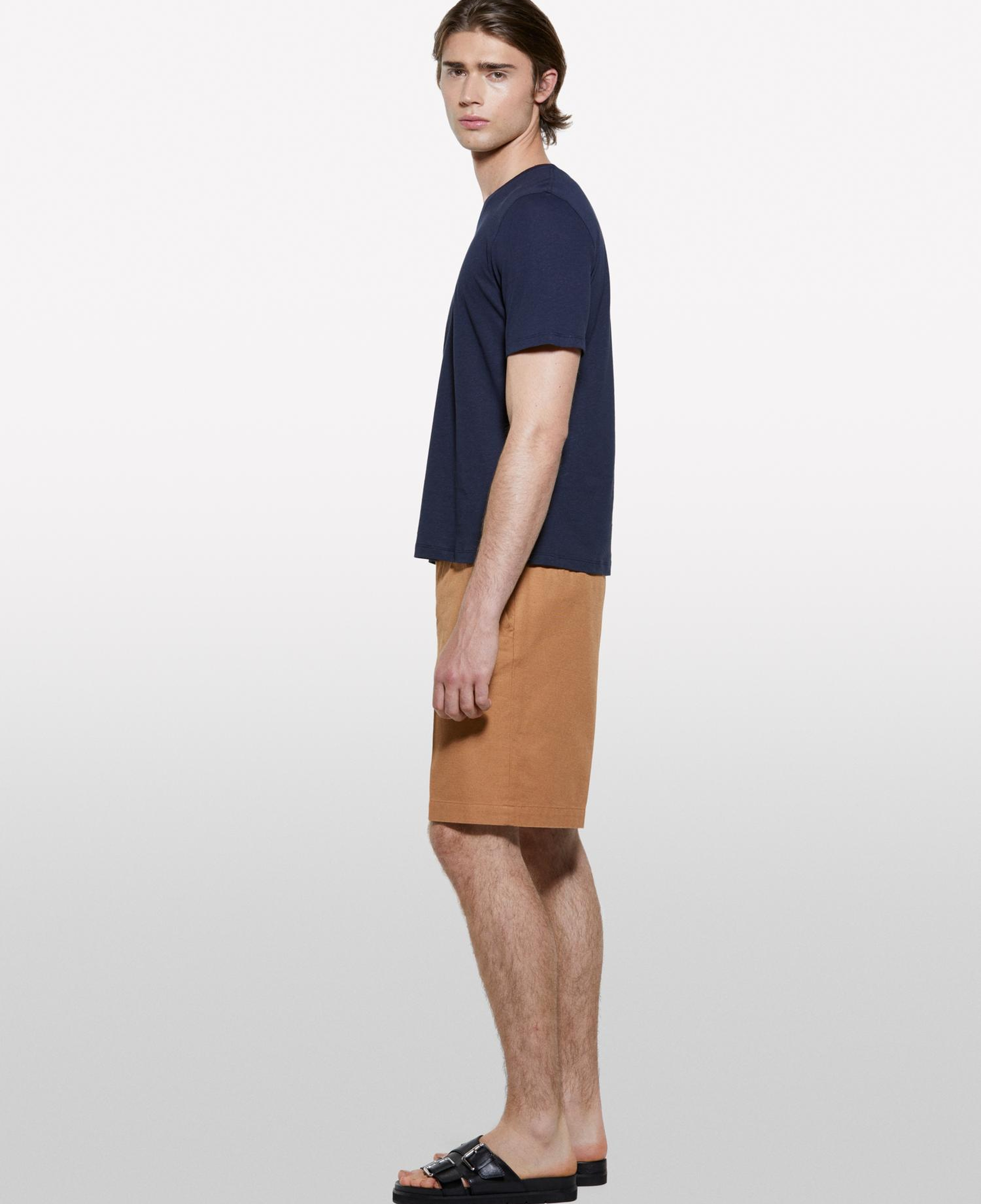 Erkek Koyu Lacivert Keten Karışımlı Bisiklet Yaka Regular Fit T-Shirt