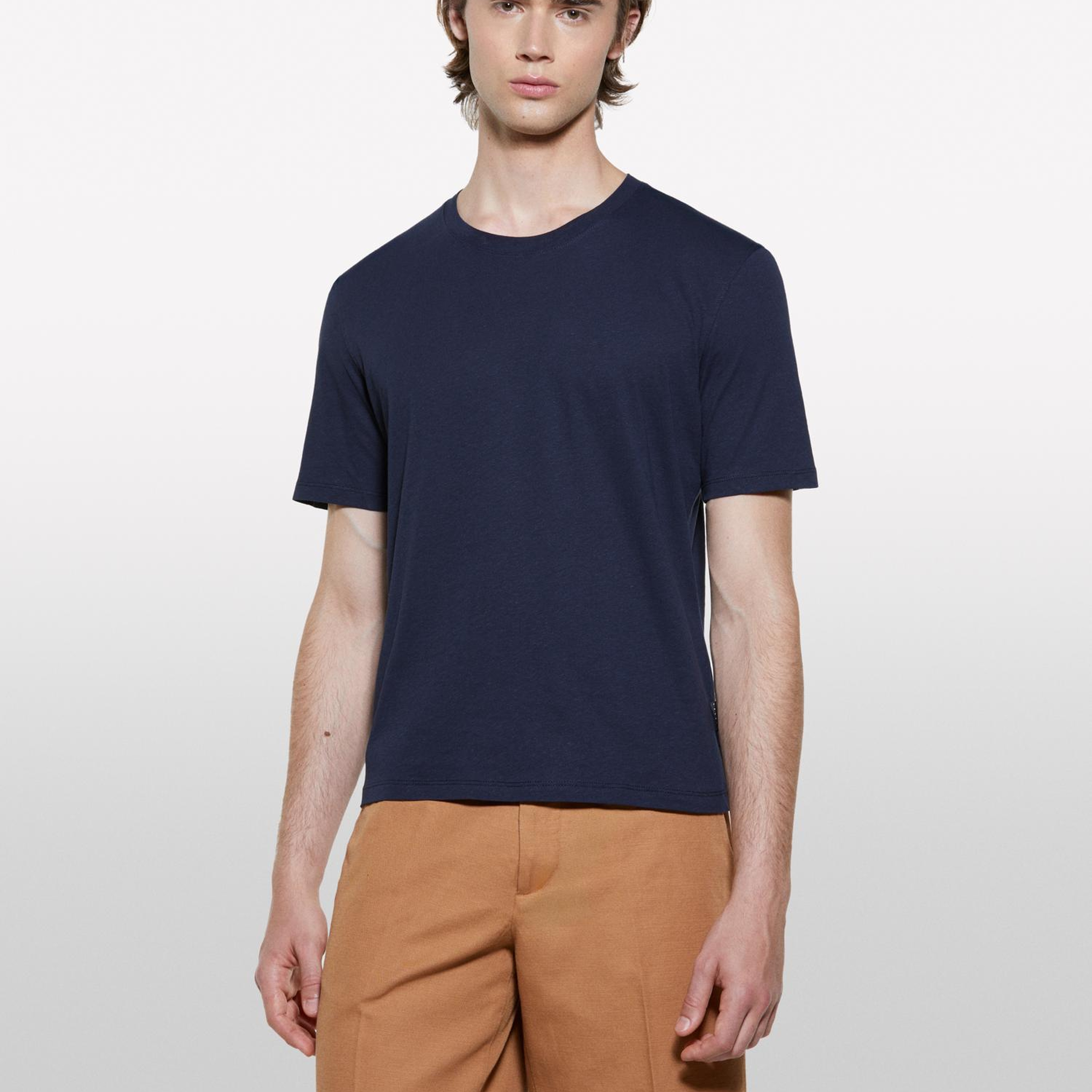 Erkek Koyu Lacivert Keten Karışımlı Bisiklet Yaka Regular Fit T-Shirt