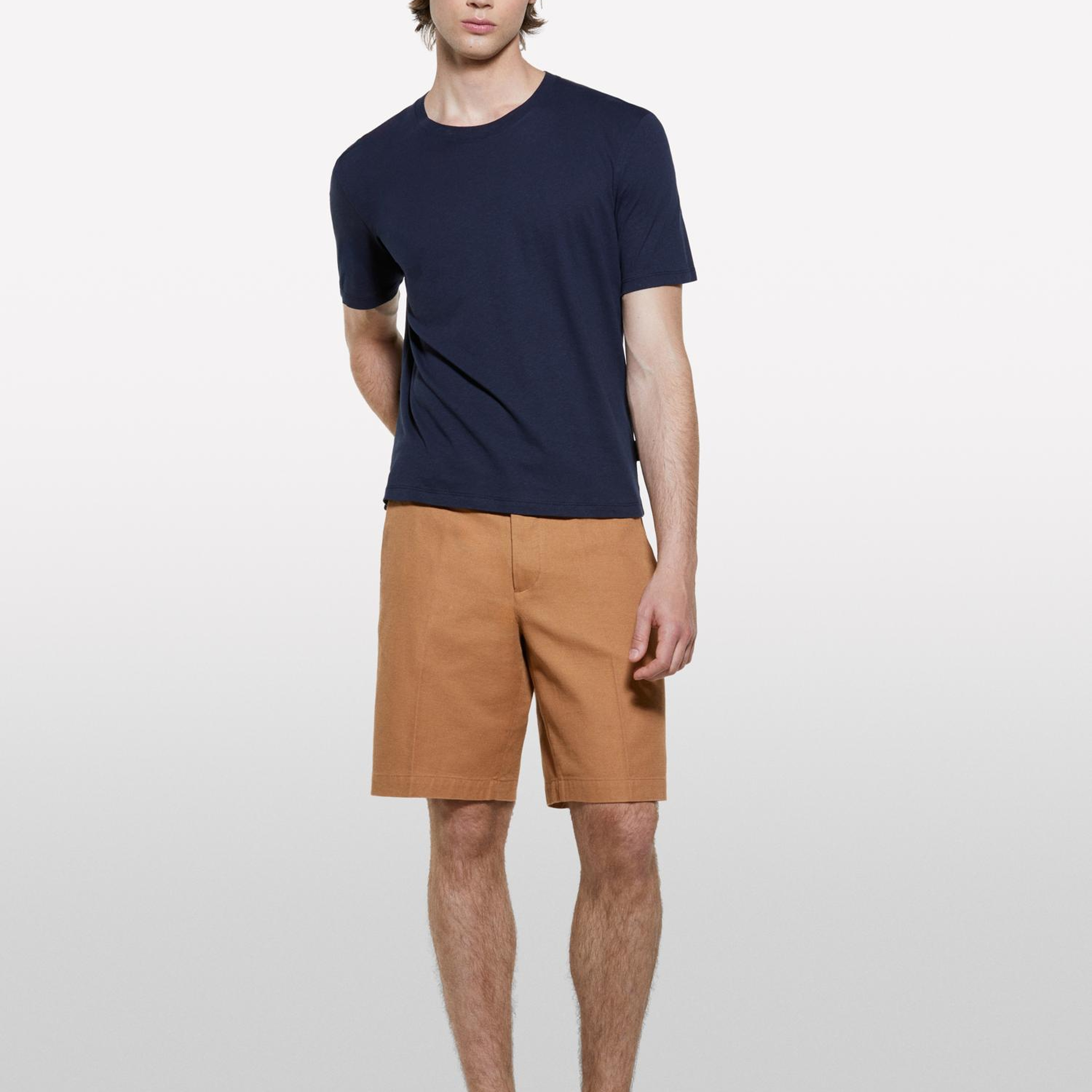 Erkek Koyu Lacivert Keten Karışımlı Bisiklet Yaka Regular Fit T-Shirt