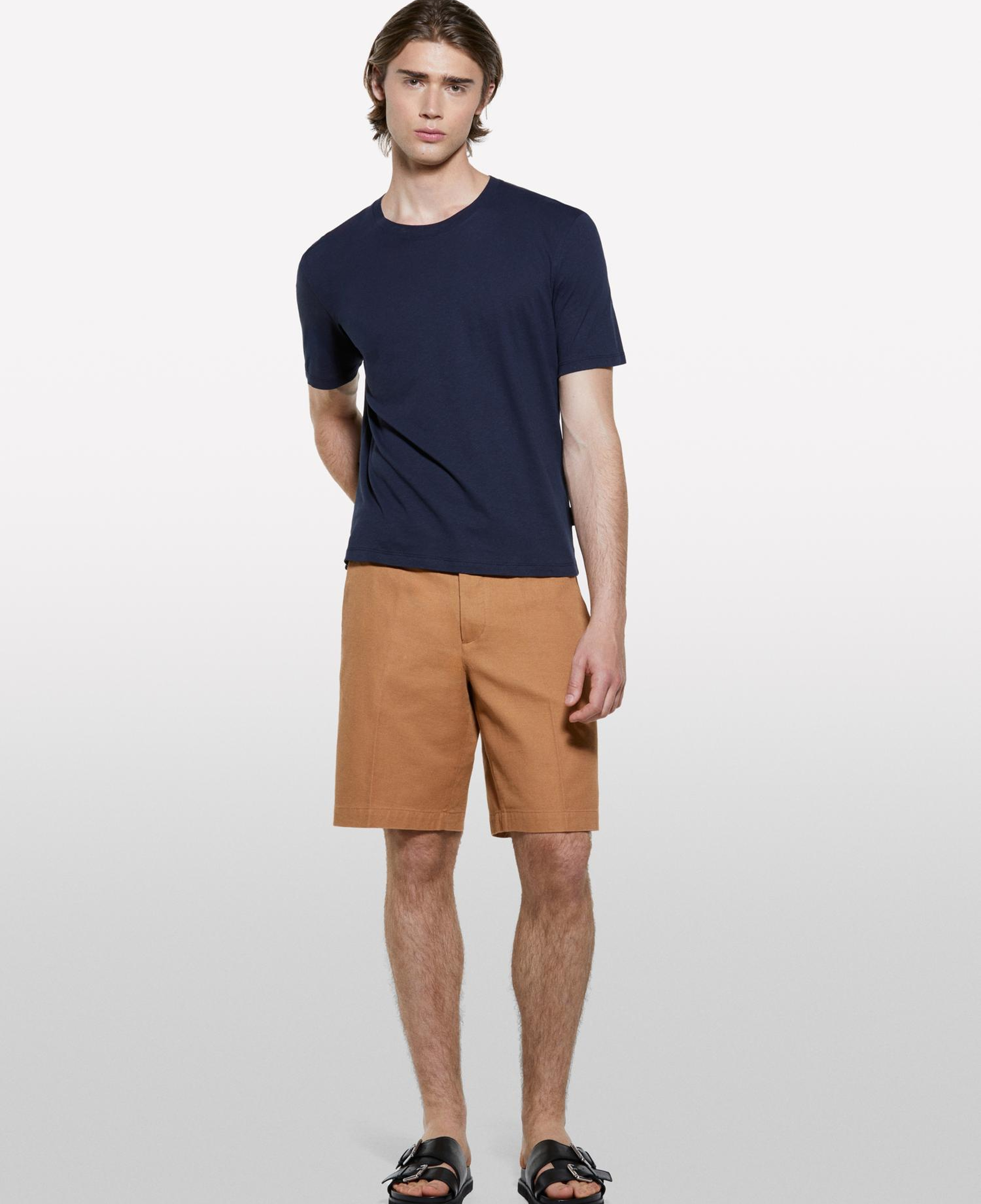 Erkek Koyu Lacivert Keten Karışımlı Bisiklet Yaka Regular Fit T-Shirt
