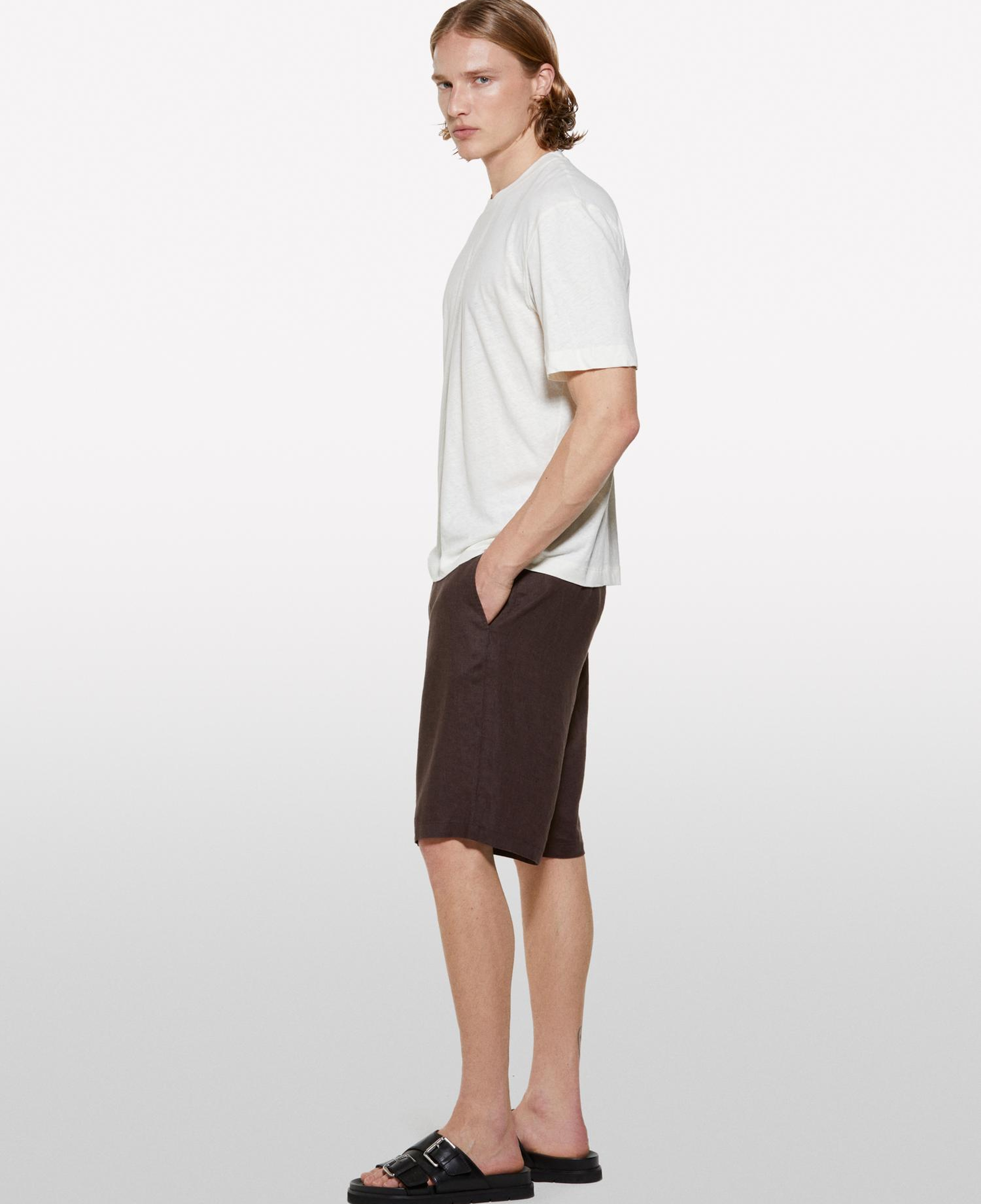 Erkek Açık Krem Keten Karışımlı Bisiklet Yaka Regular Fit T-Shirt
