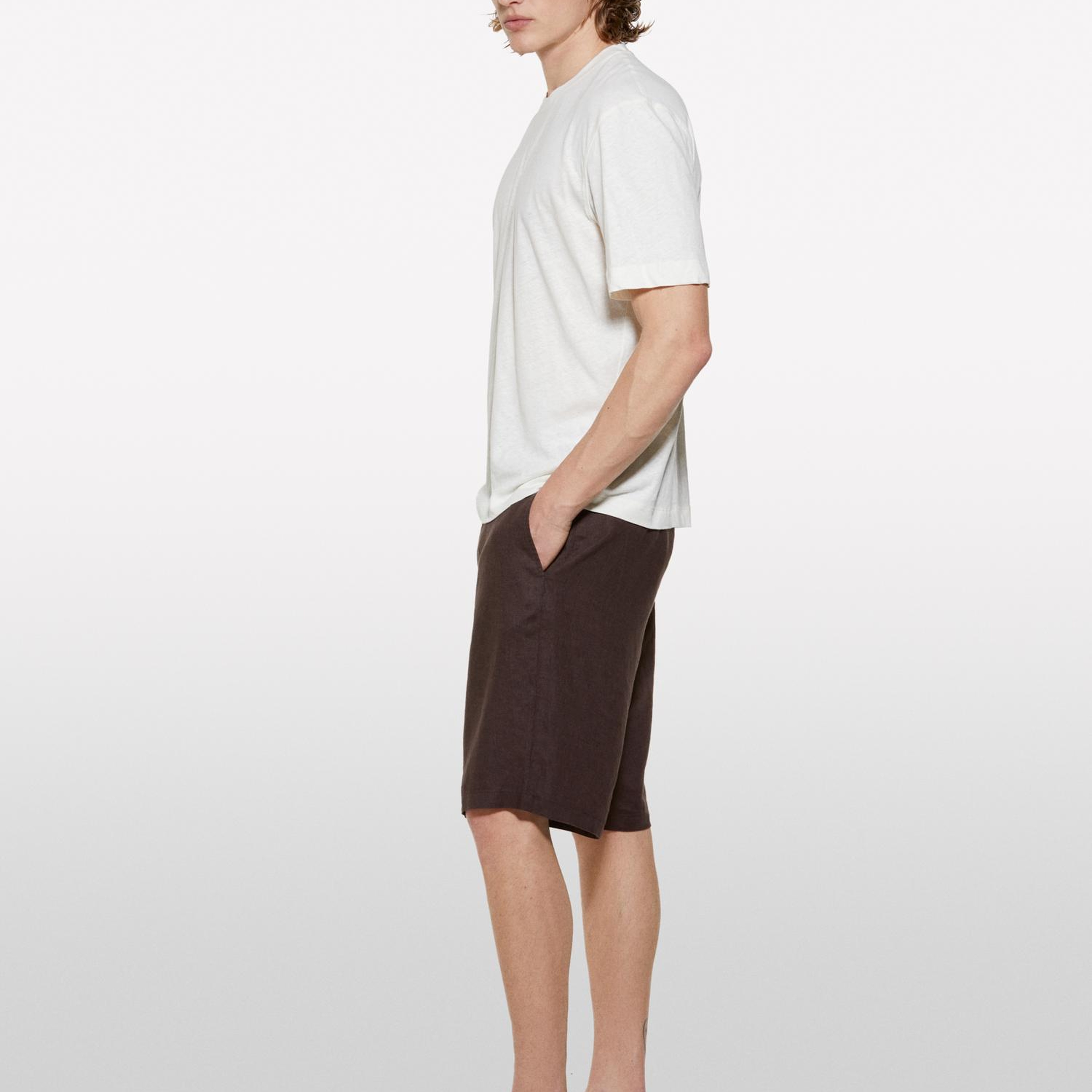 Erkek Açık Krem Keten Karışımlı Bisiklet Yaka Regular Fit T-Shirt