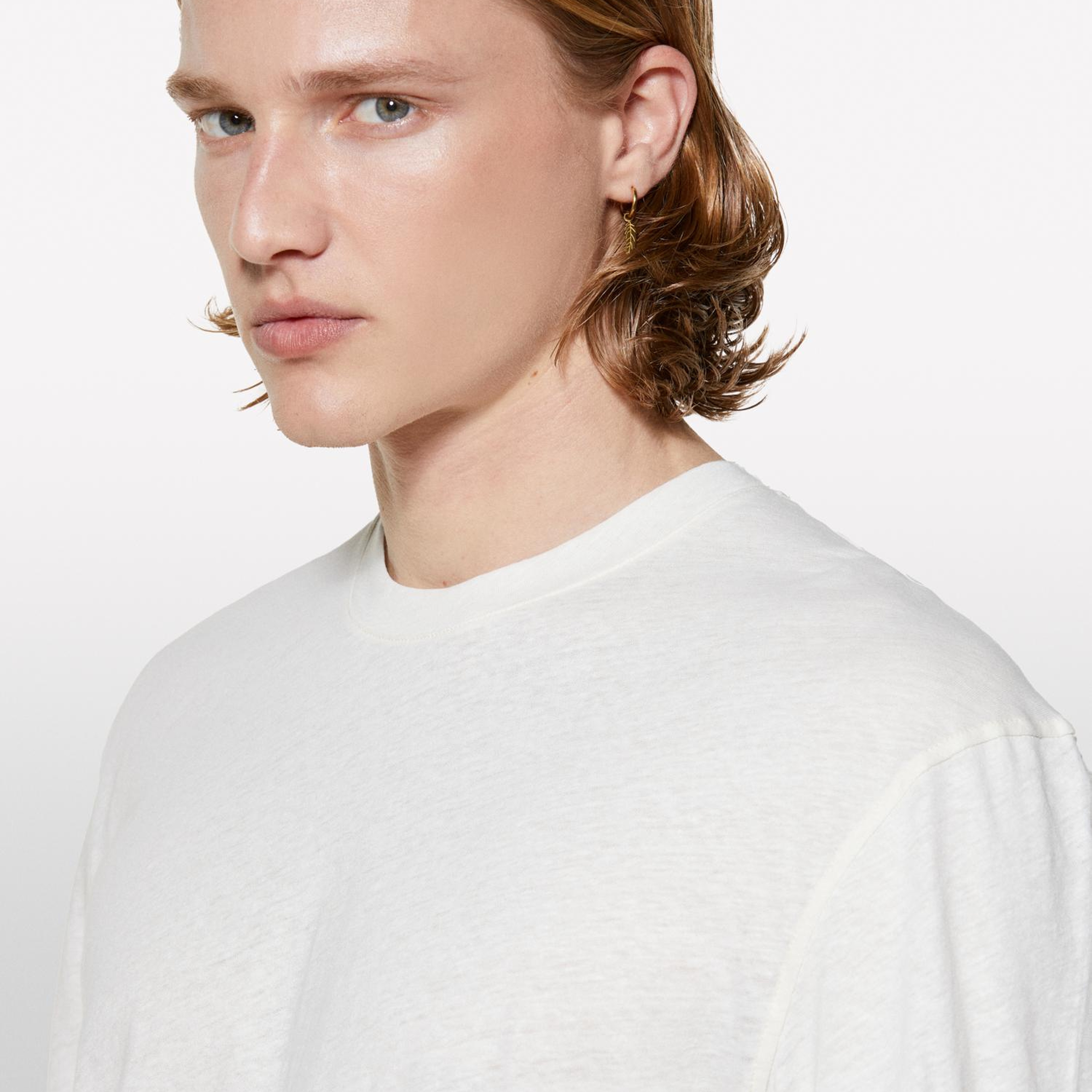 Erkek Açık Krem Keten Karışımlı Bisiklet Yaka Regular Fit T-Shirt