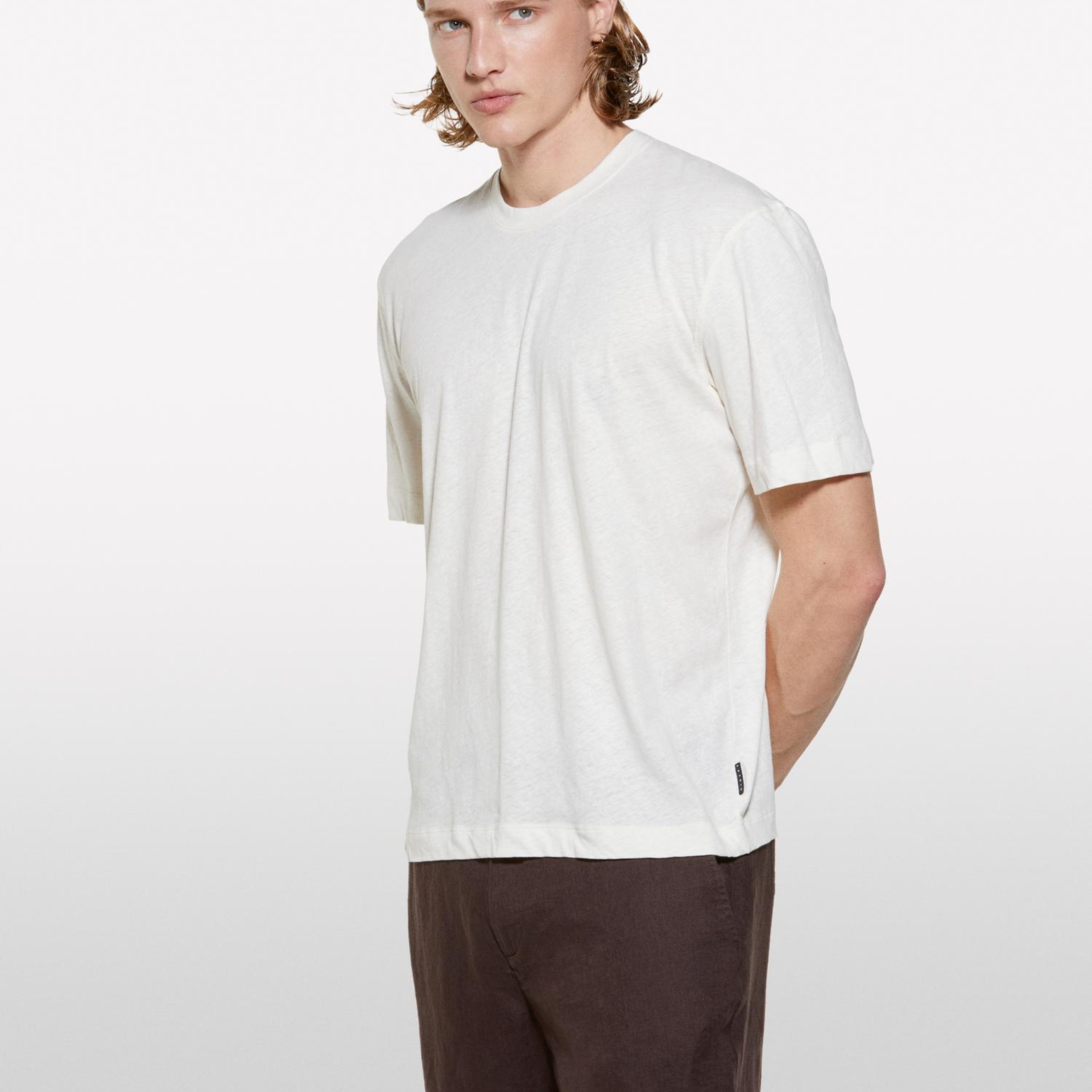 Erkek Açık Krem Keten Karışımlı Bisiklet Yaka Regular Fit T-Shirt