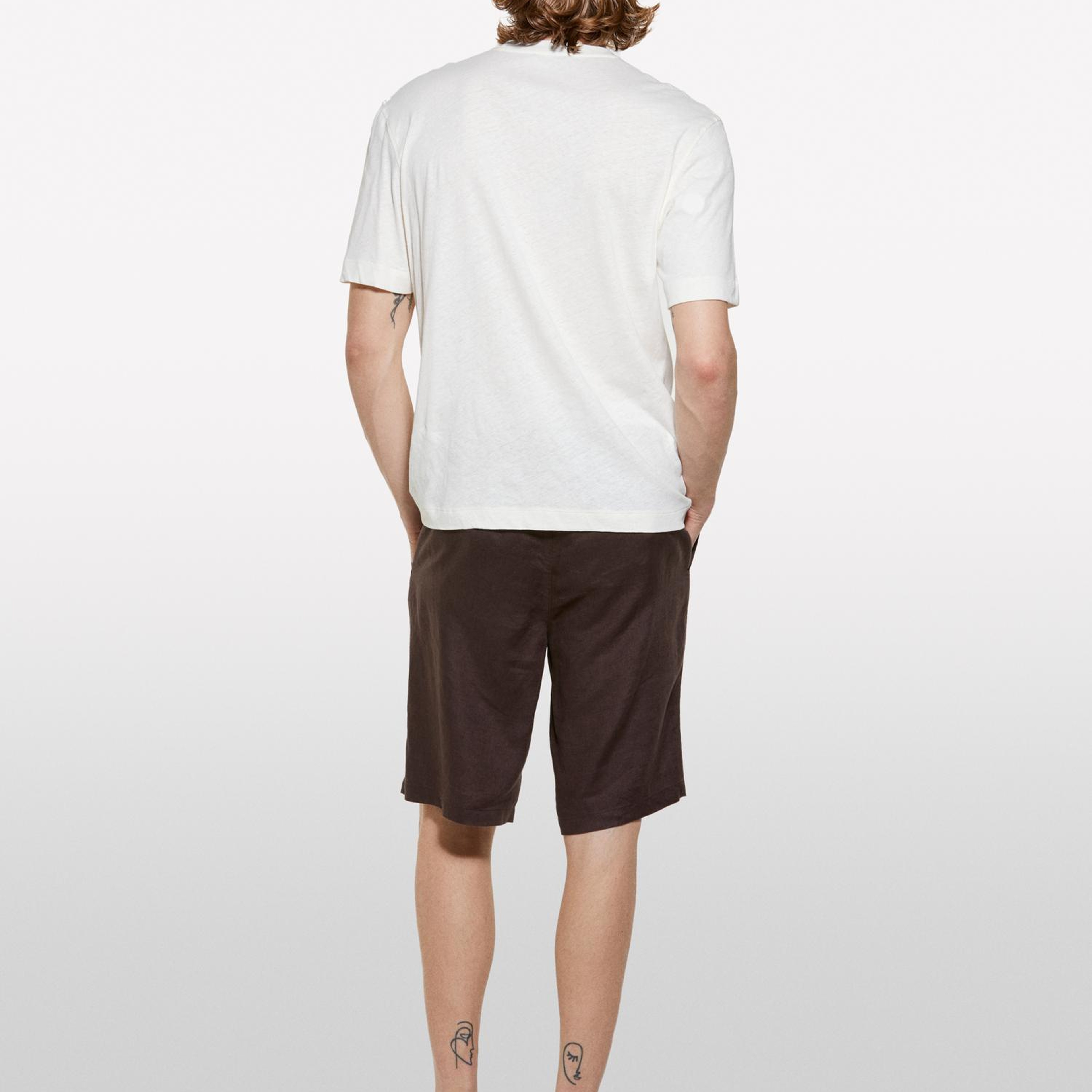 Erkek Açık Krem Keten Karışımlı Bisiklet Yaka Regular Fit T-Shirt