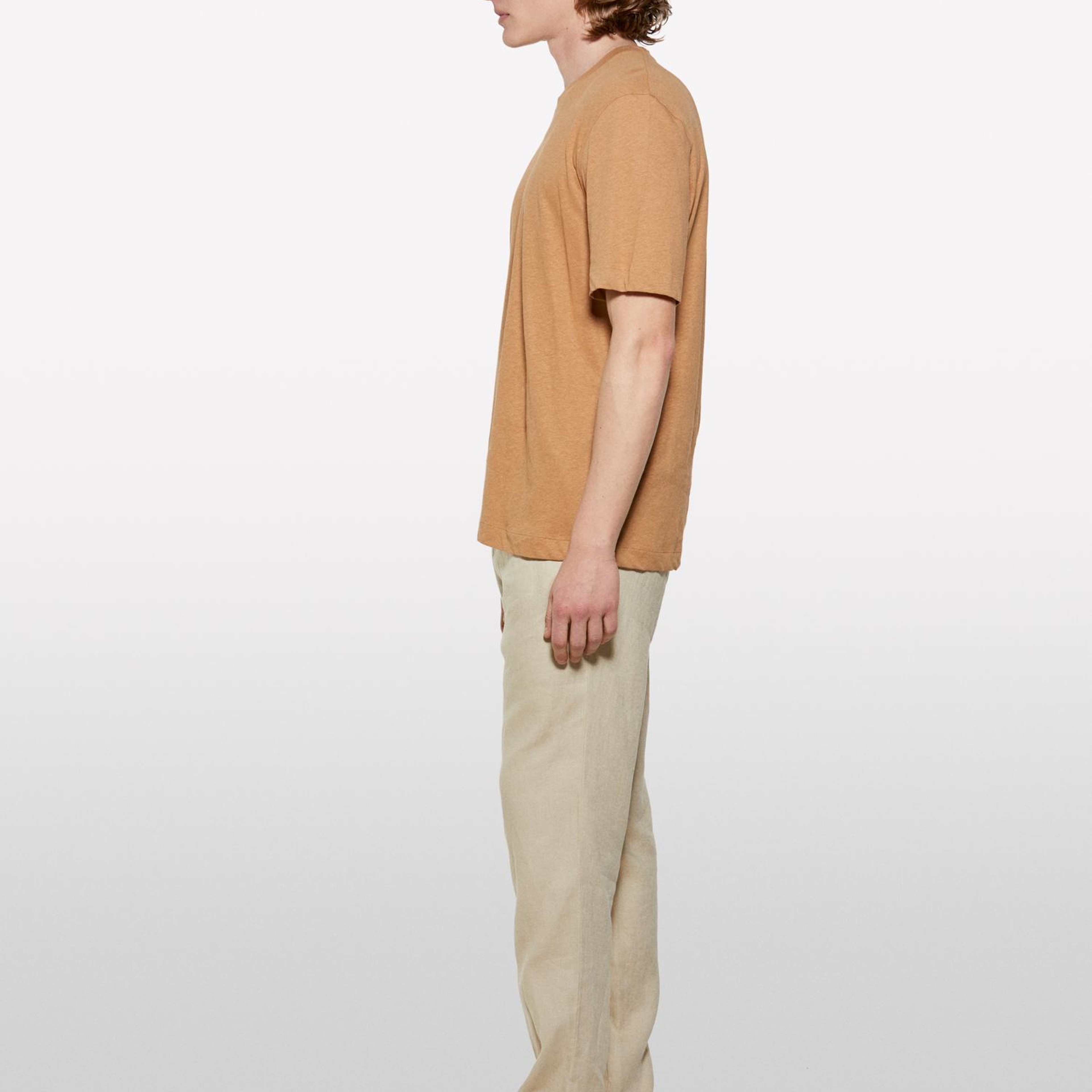 Erkek Taba Keten Karışımlı Bisiklet Yaka Regular Fit T-Shirt