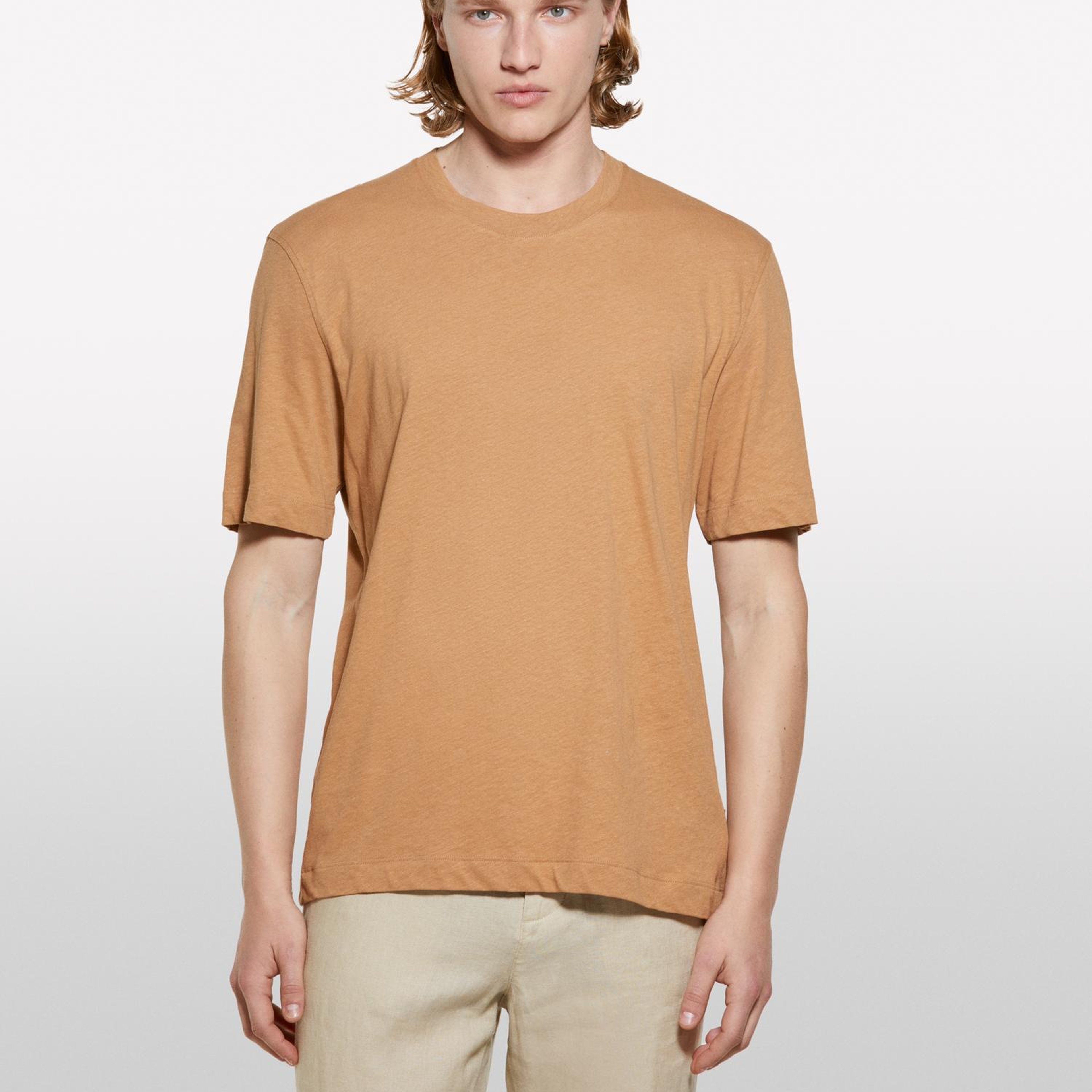 Erkek Taba Keten Karışımlı Bisiklet Yaka Regular Fit T-Shirt
