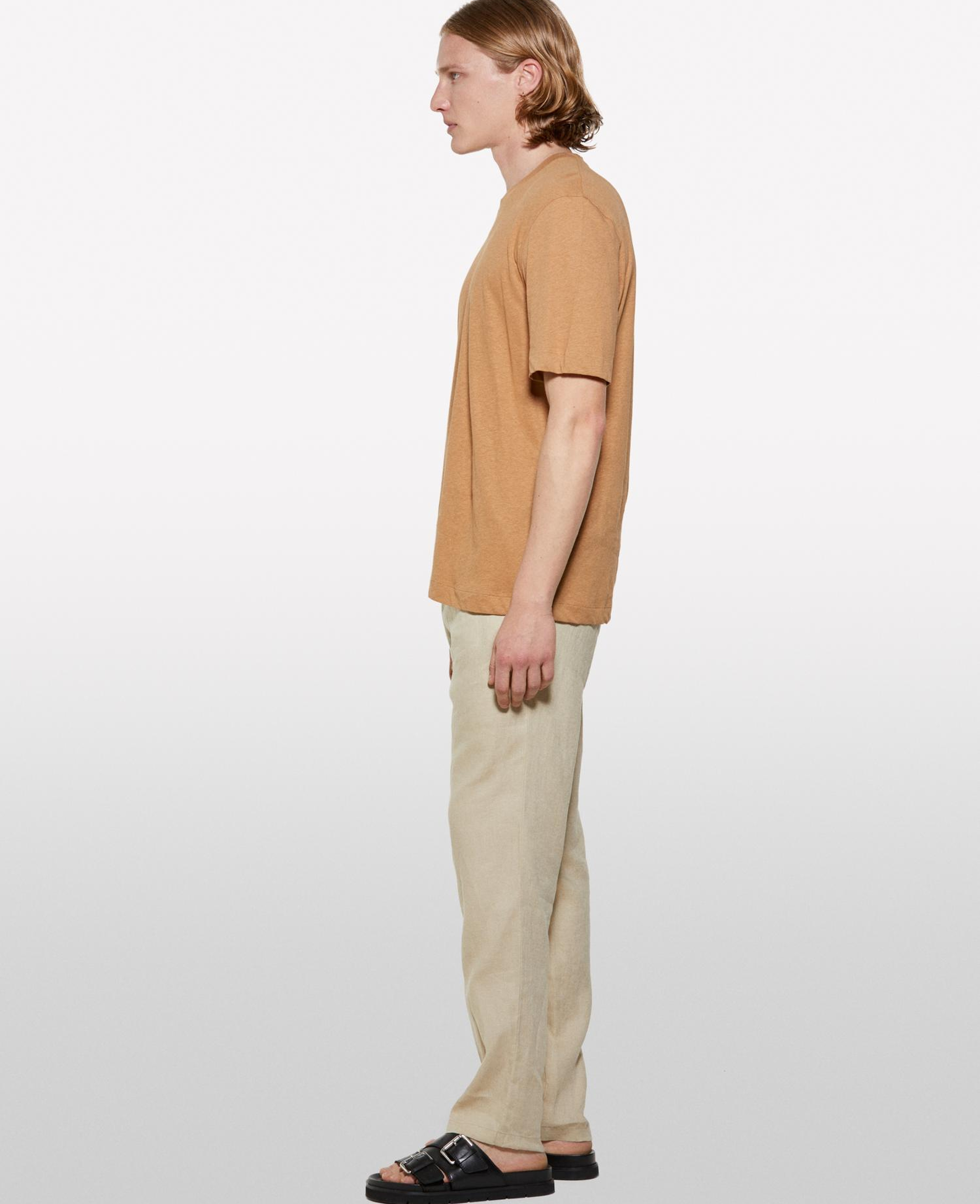 Erkek Taba Keten Karışımlı Bisiklet Yaka Regular Fit T-Shirt