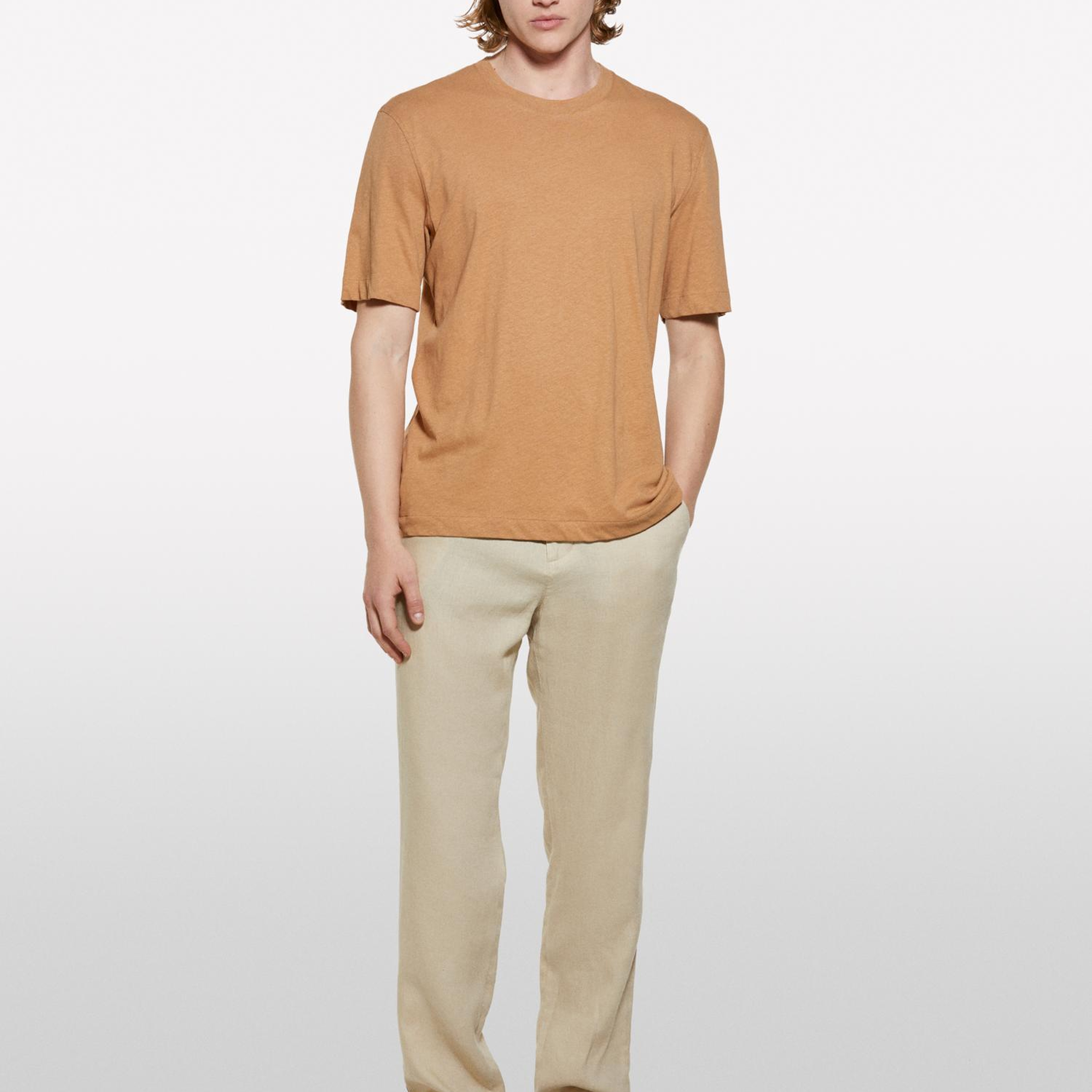 Erkek Taba Keten Karışımlı Bisiklet Yaka Regular Fit T-Shirt