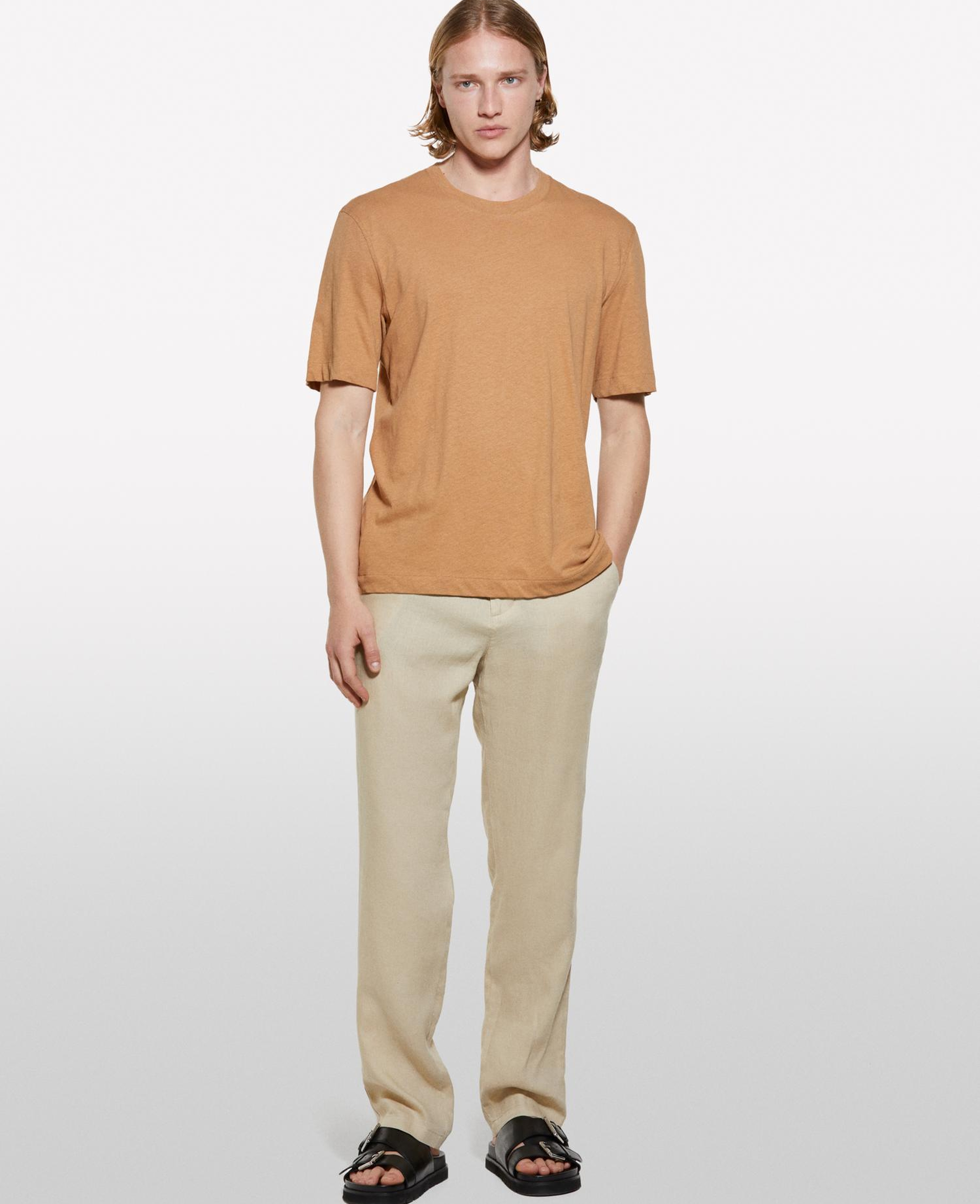 Erkek Taba Keten Karışımlı Bisiklet Yaka Regular Fit T-Shirt