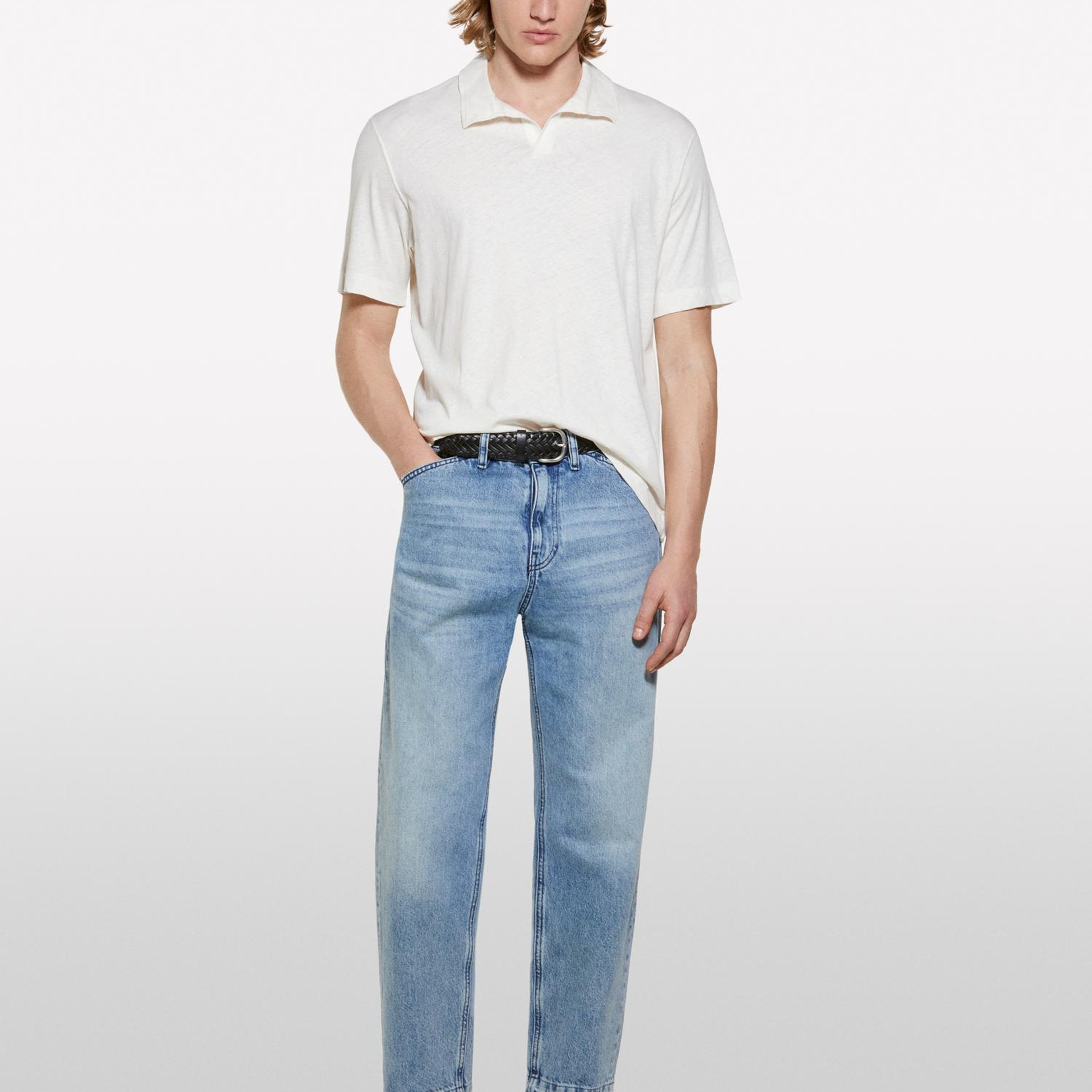 Erkek Açık Krem Keten Karışımlı Düğmesiz Regular Fit Polo T-Shirt