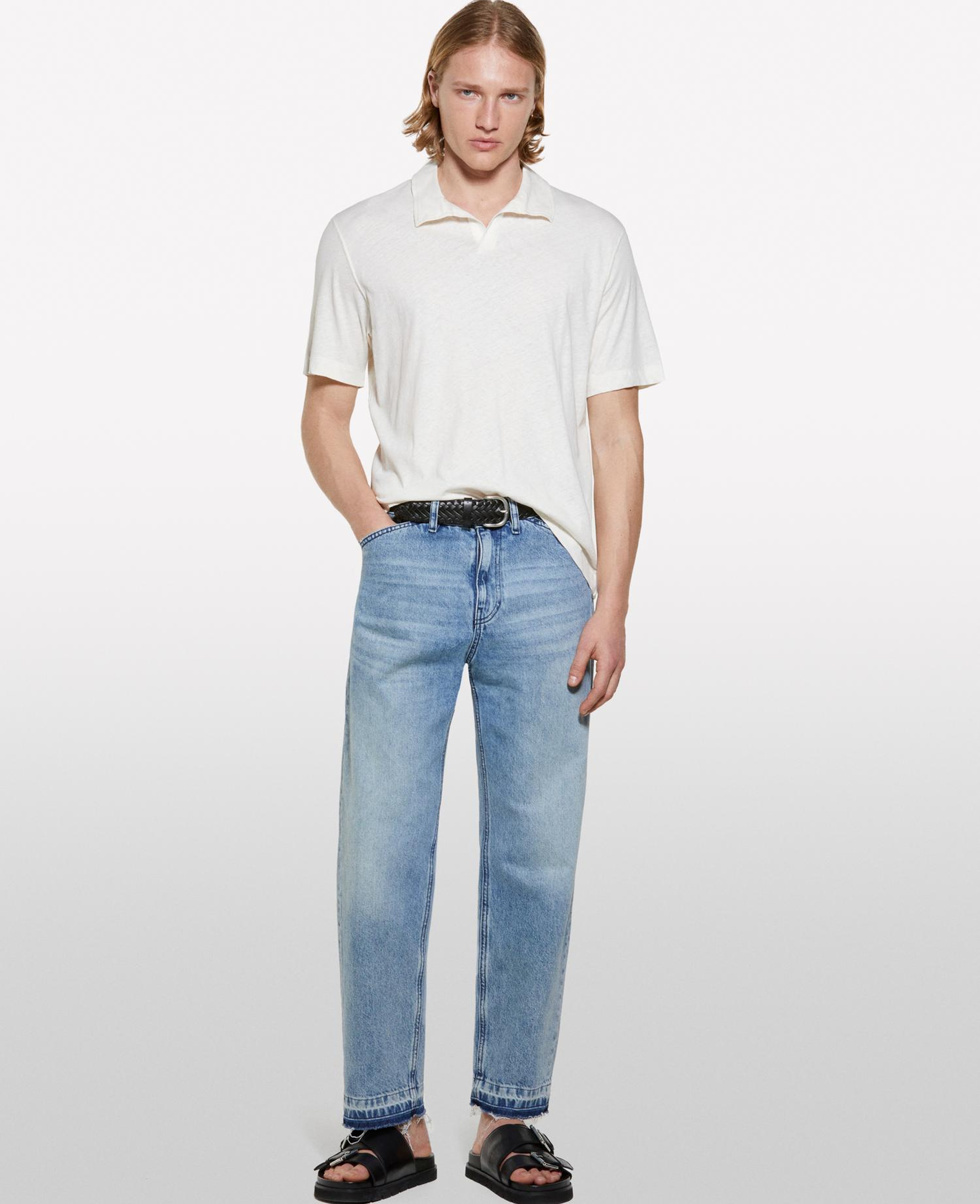 Erkek Açık Krem Keten Karışımlı Düğmesiz Regular Fit Polo T-Shirt