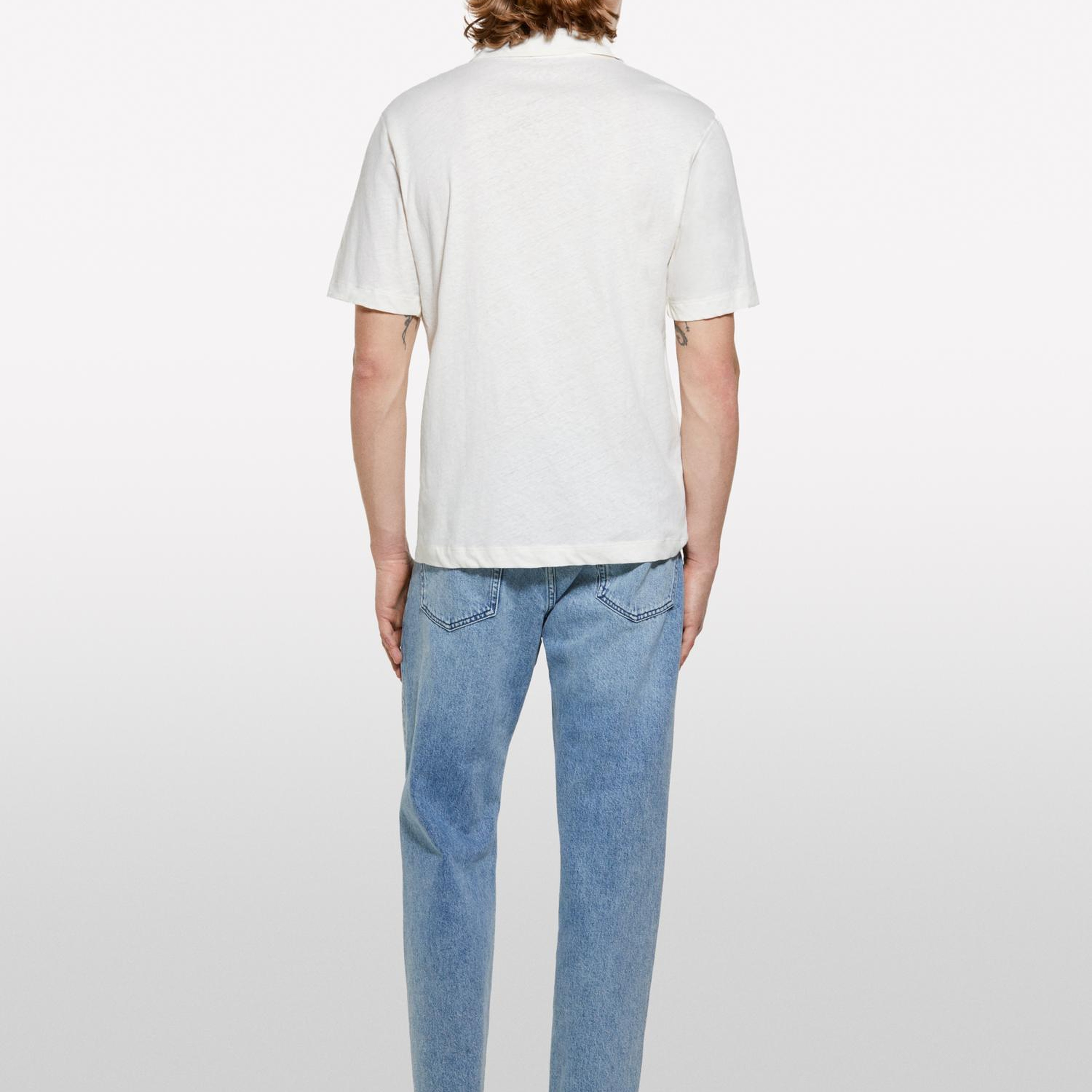 Erkek Açık Krem Keten Karışımlı Düğmesiz Regular Fit Polo T-Shirt