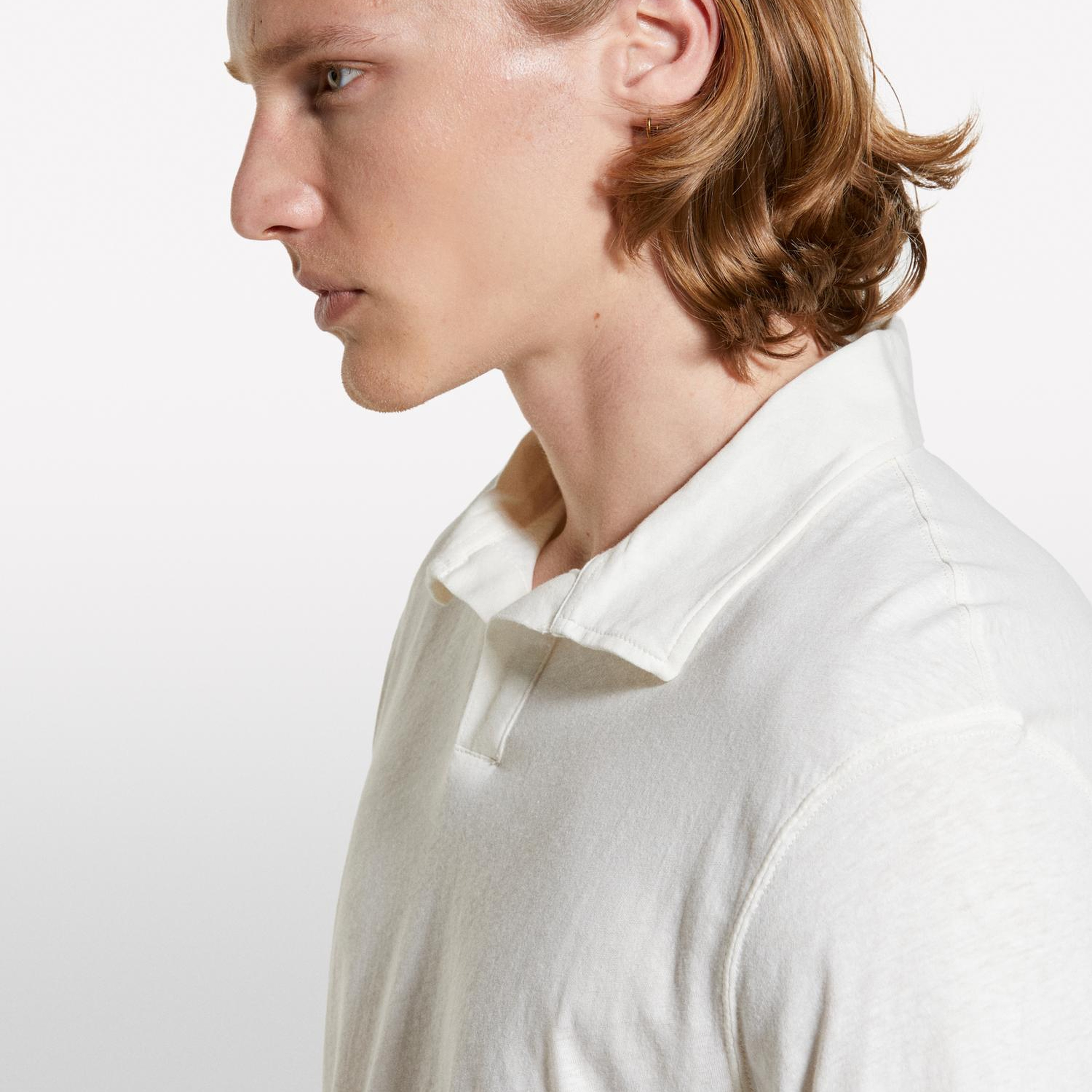 Erkek Açık Krem Keten Karışımlı Düğmesiz Regular Fit Polo T-Shirt