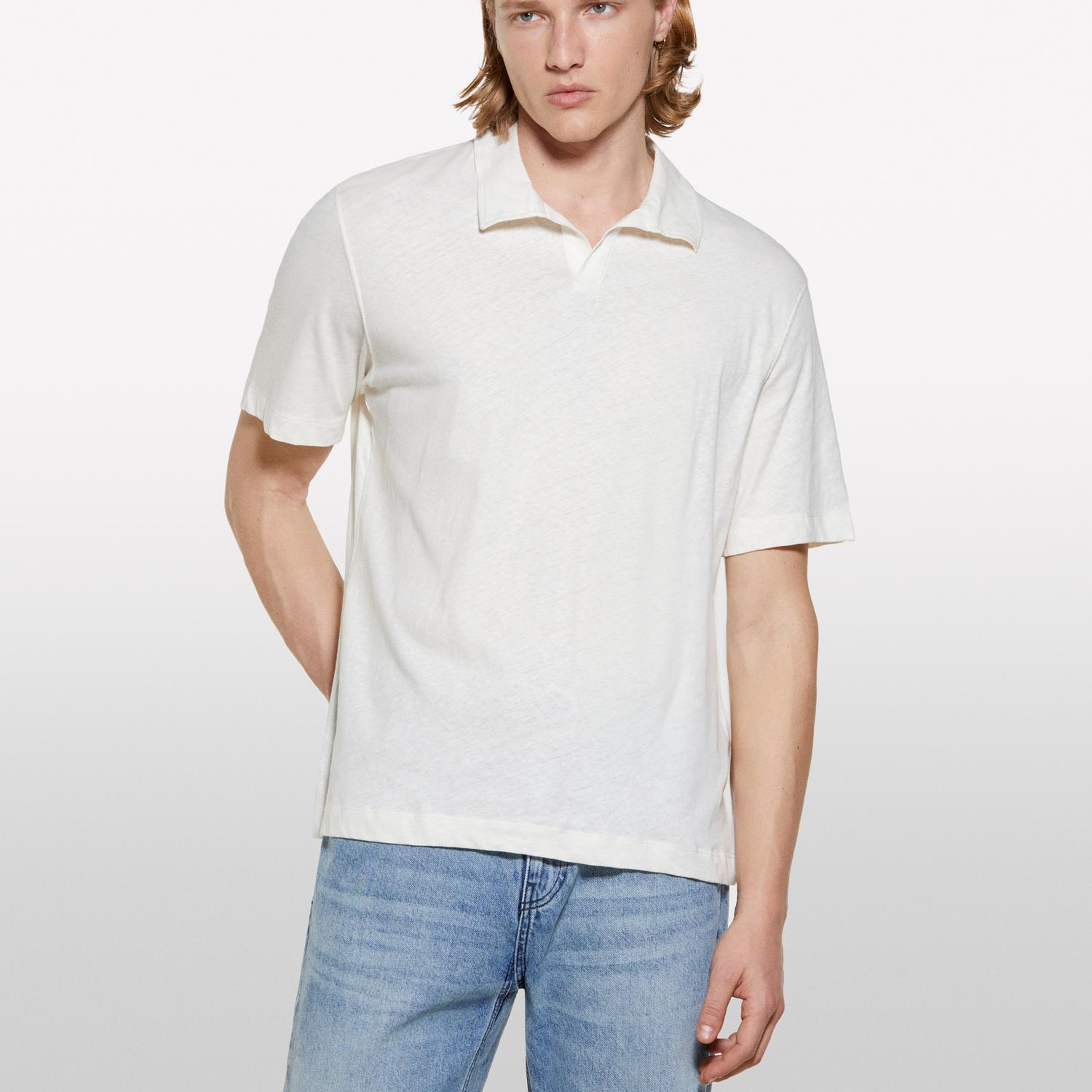 Erkek Açık Krem Keten Karışımlı Düğmesiz Regular Fit Polo T-Shirt