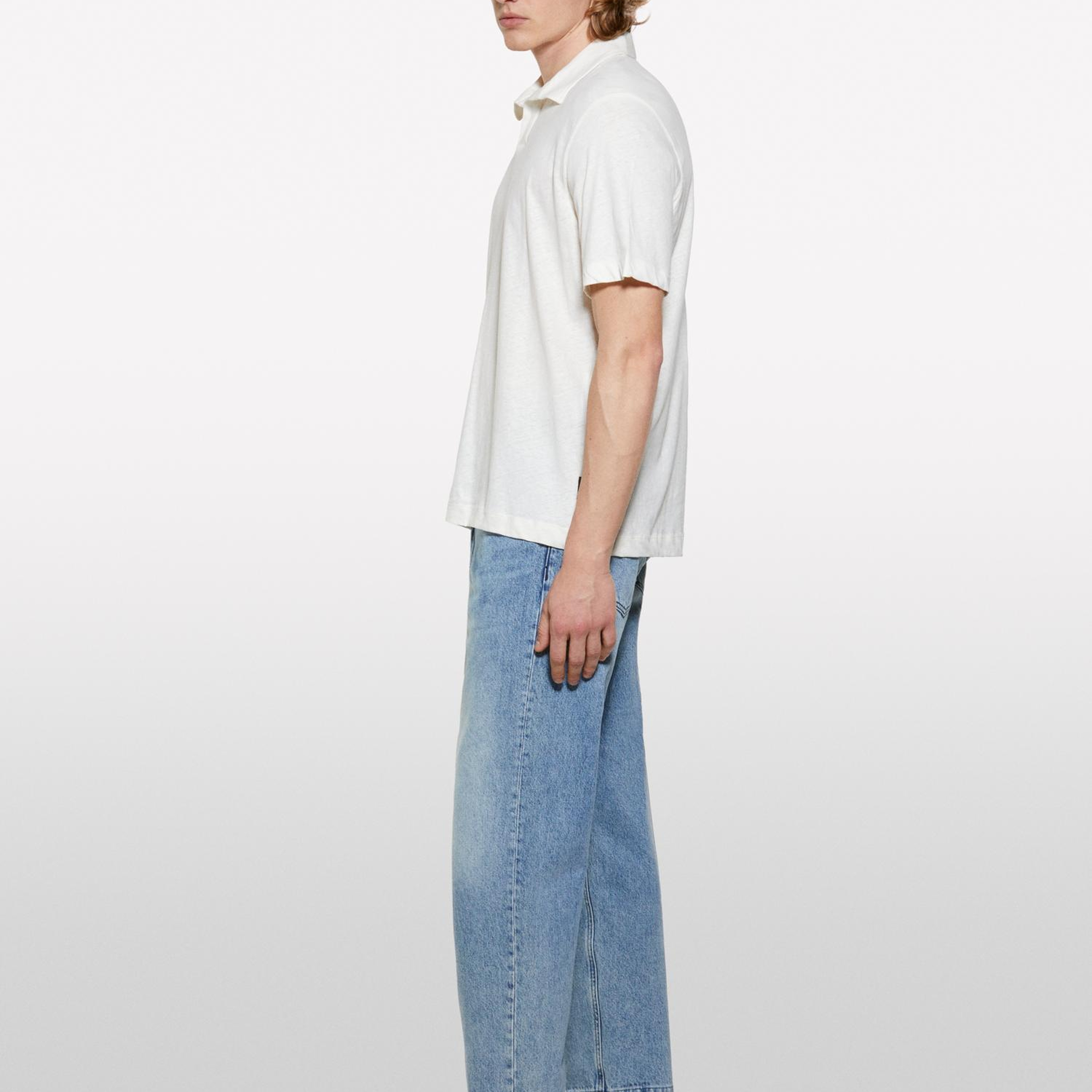Erkek Açık Krem Keten Karışımlı Düğmesiz Regular Fit Polo T-Shirt