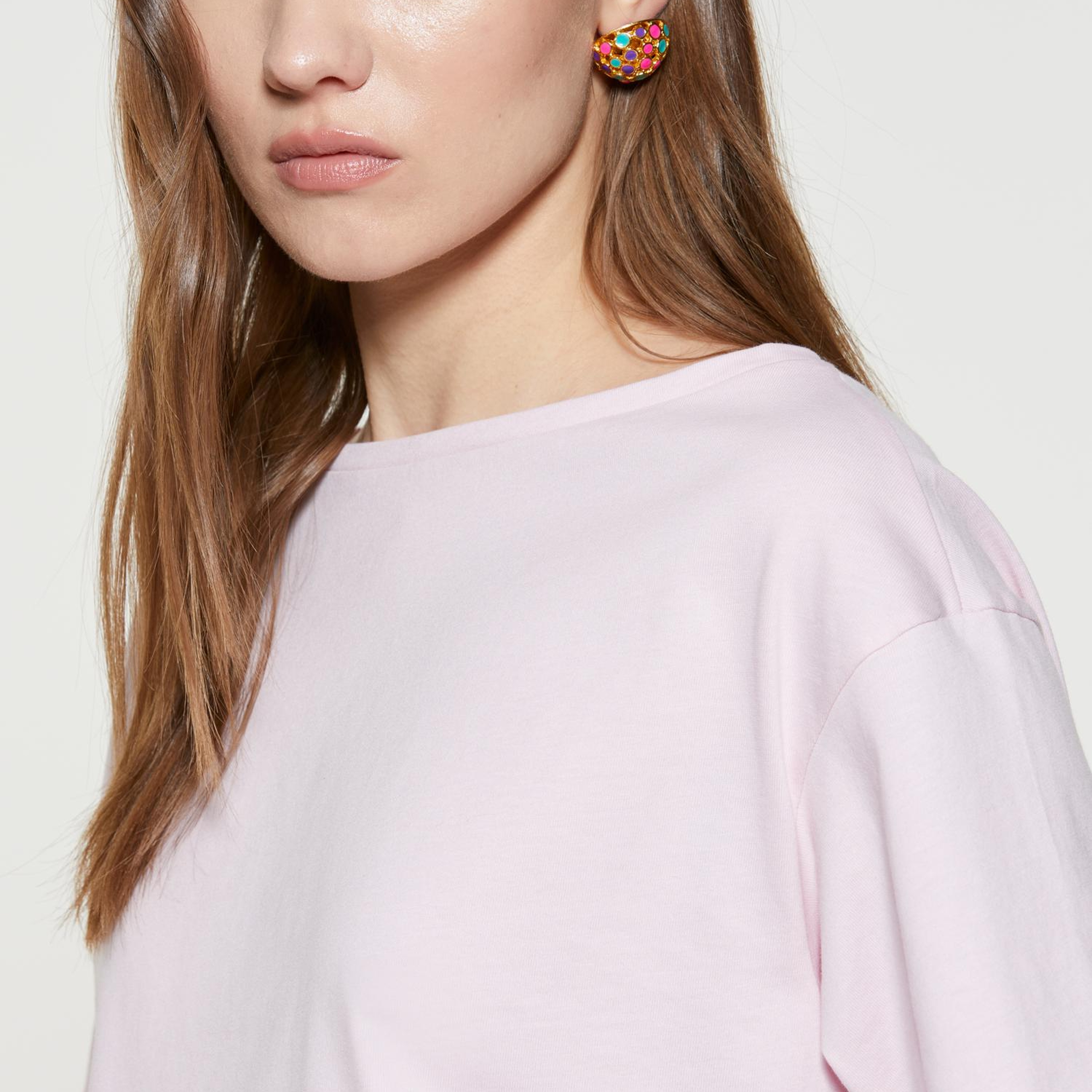 Kadın Açık Pembe %100 Pamuk Kayık Yaka Boxy Fit Crop T-Shirt