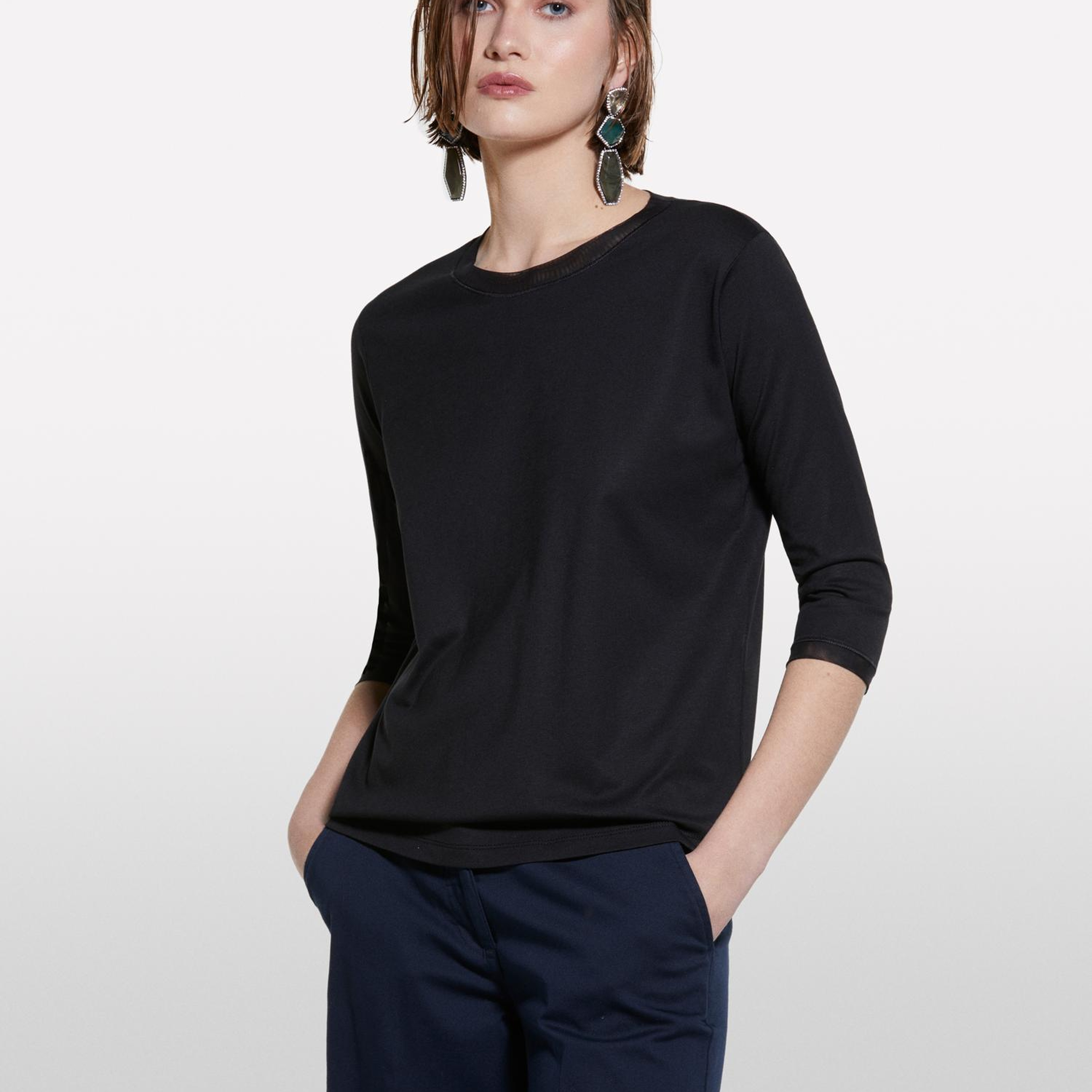 Kadın Siyah Modal Karışımlı Tül Detaylı Regular Fit T-Shirt