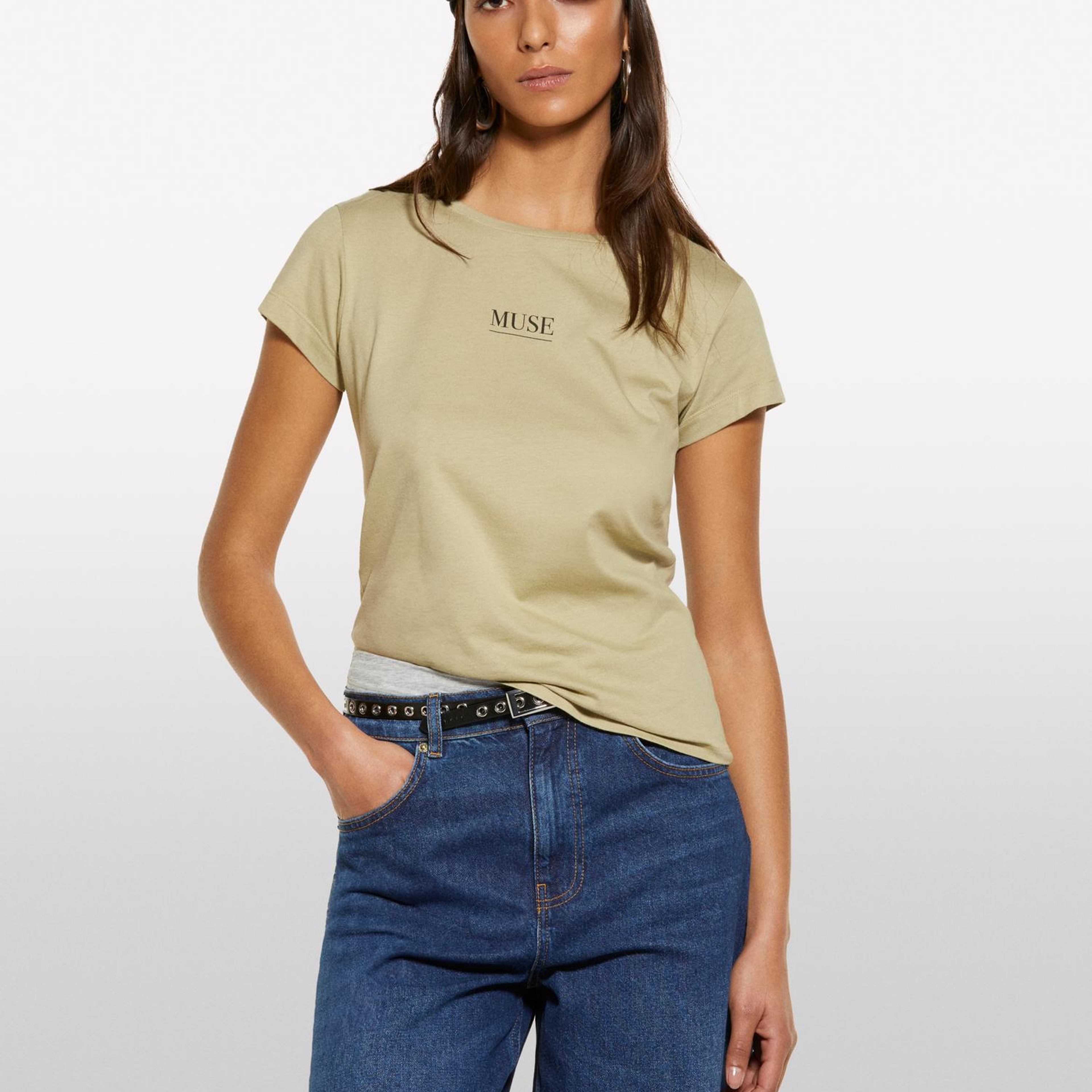 Kadın Kum Rengi %100 Pamuk Baskılı Bisiklet Yaka Regular Fit T-Shirt