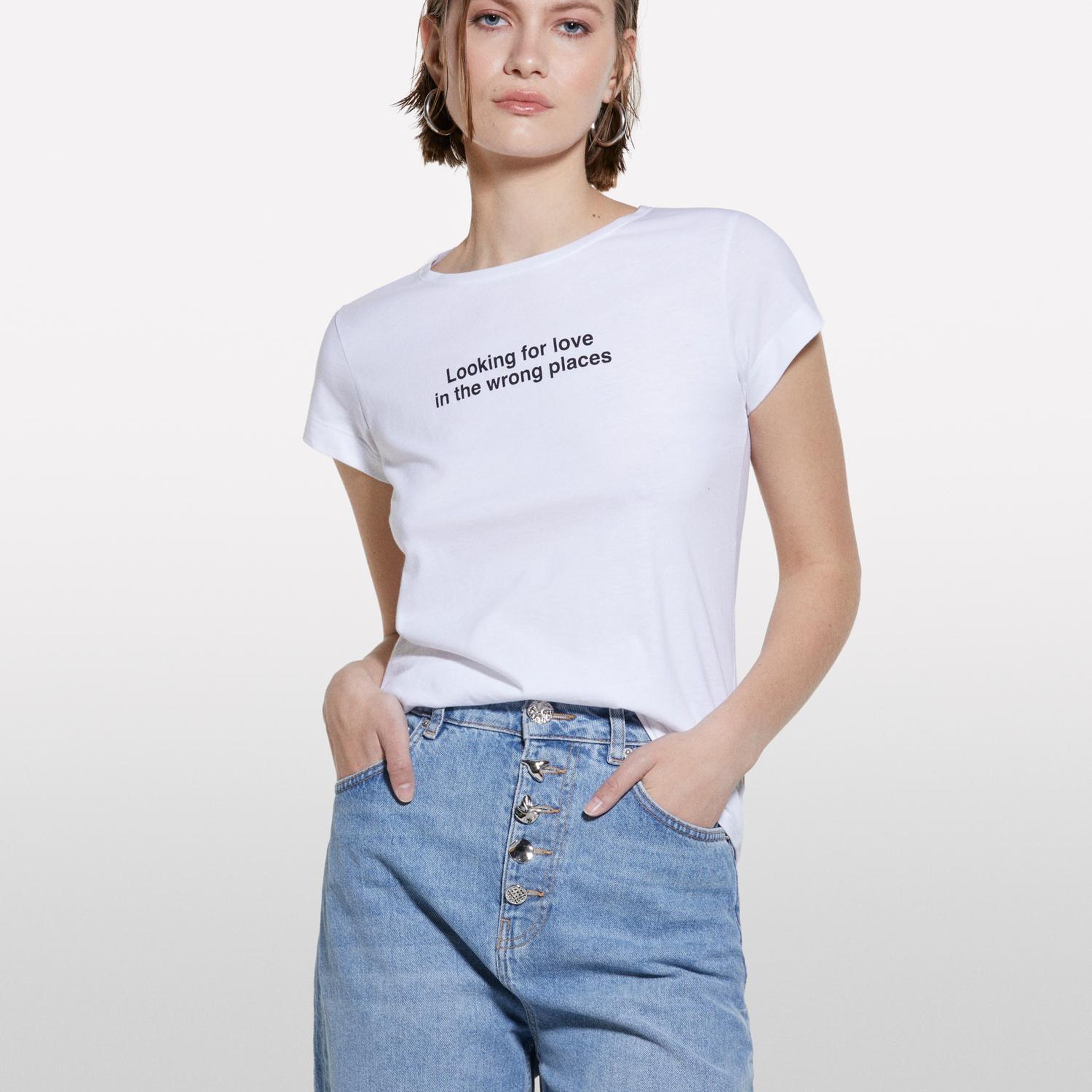 Kadın Beyaz %100 Pamuk Baskılı Bisiklet Yaka Regular Fit T-Shirt
