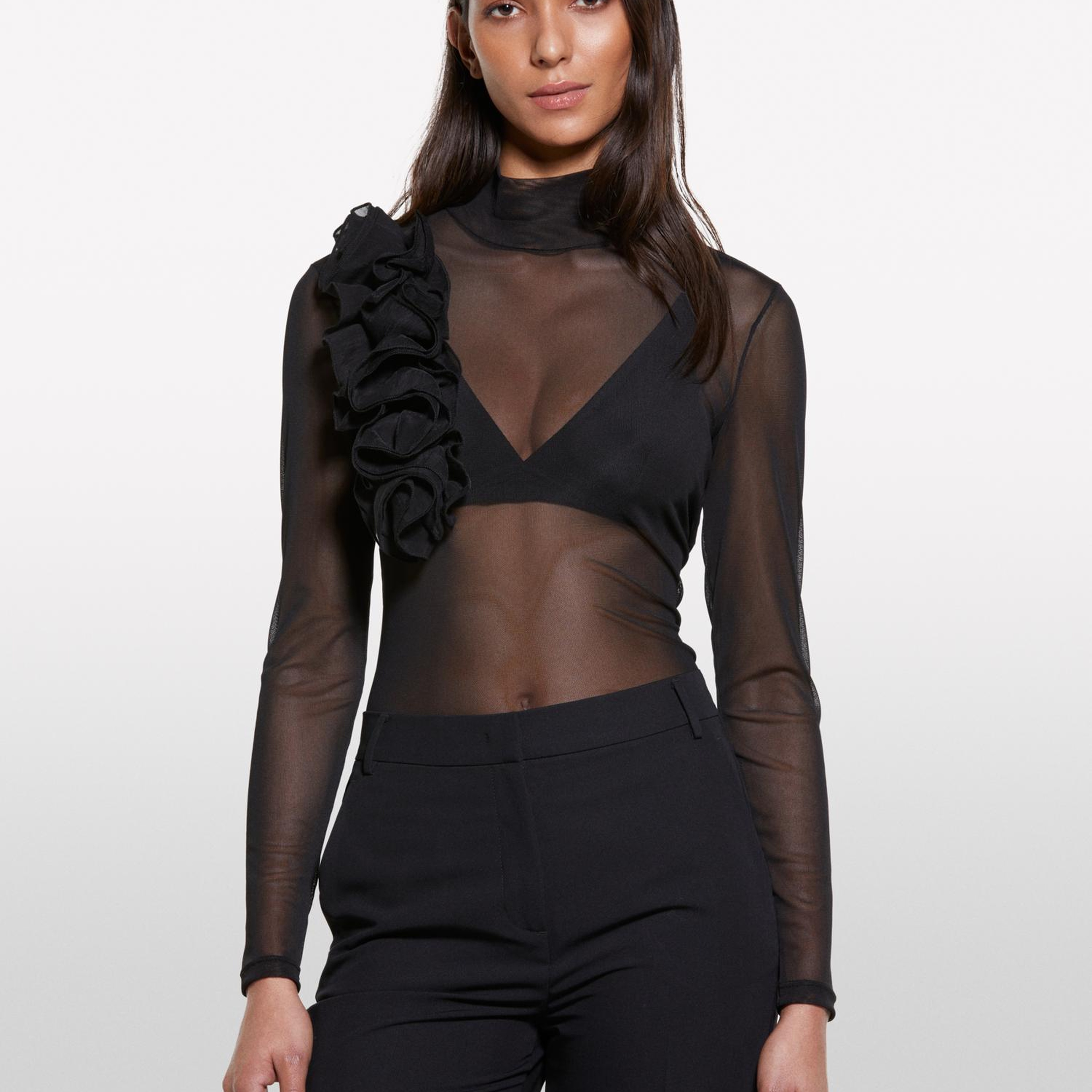Kadın Siyah Liyosel Karışımlı Çiçek Detaylı Slim Fit Tül Bluz
