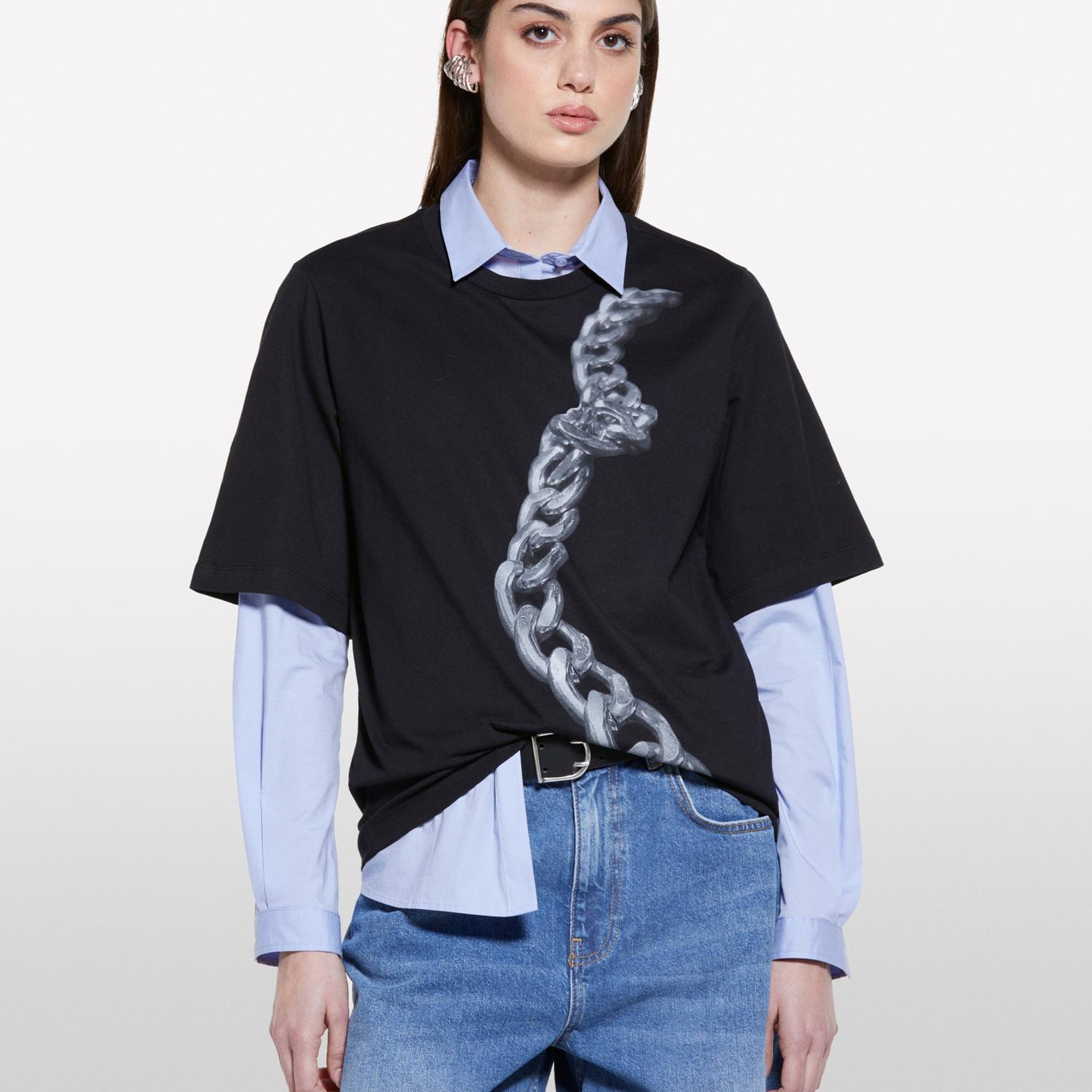 Kadın Siyah Gri %100 Pamuk Baskılı Bisiklet Yaka Regular Fit T-Shirt