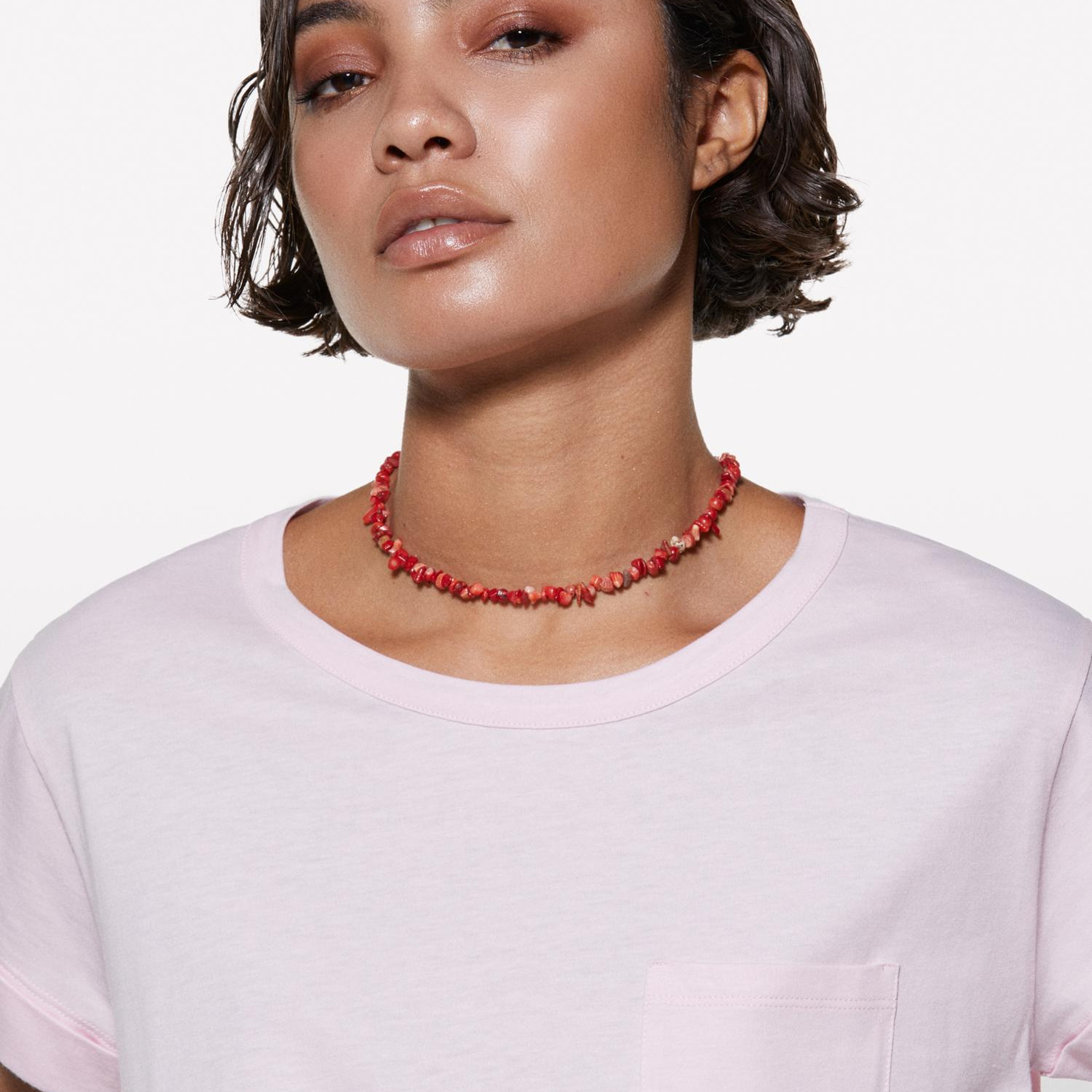 Kadın Açık Pembe %100 Pamuk Geniş Bisiklet Yaka Dar Kesim Düz T-Shirt